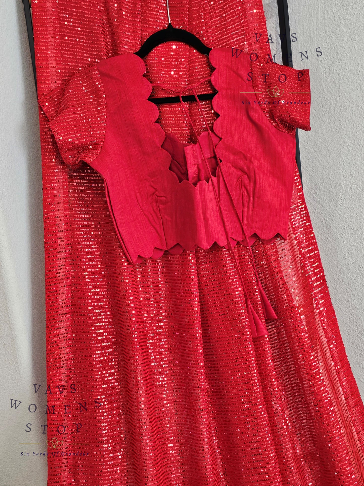 Designer Red Net Saree & Blouse – Cocktail & Party Wear - VAVS WOMENS STOP - Blouse Size 38 Extends To 44. Ready to ship.