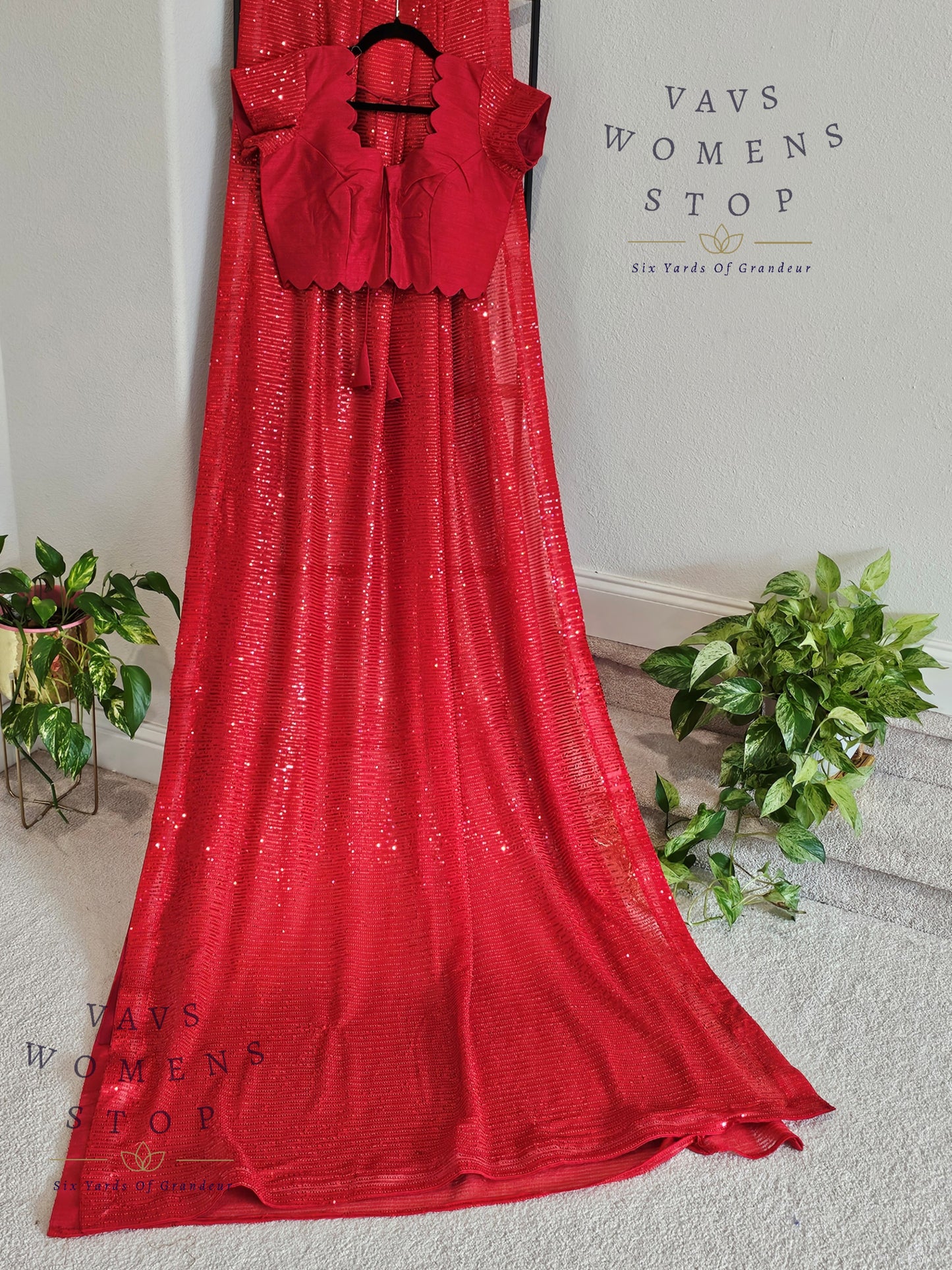 Designer Red Net Saree & Blouse – Cocktail & Party Wear - VAVS WOMENS STOP - Blouse Size 38 Extends To 44. Ready to ship.