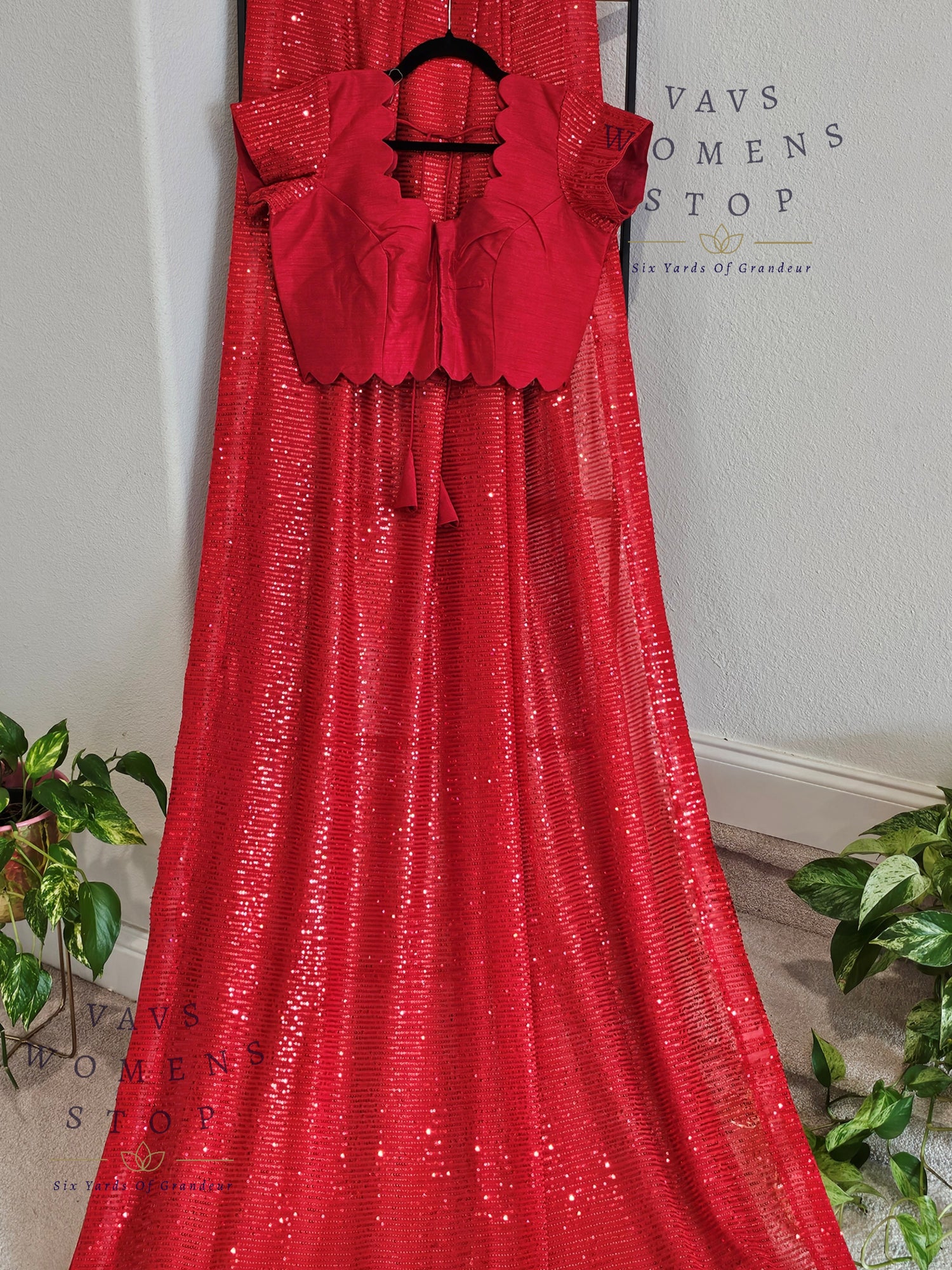 Designer Red Net Saree & Blouse – Cocktail & Party Wear - VAVS WOMENS STOP - Blouse Size 38 Extends To 44. Ready to ship.