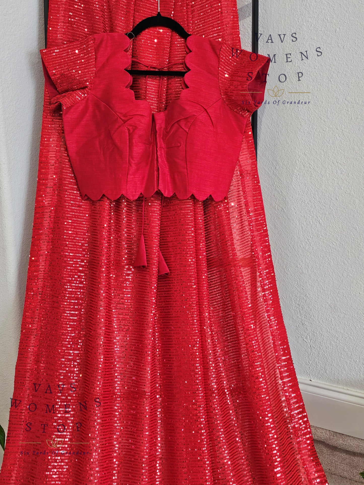 Designer Red Net Saree & Blouse – Cocktail & Party Wear - VAVS WOMENS STOP - Blouse Size 38 Extends To 44. Ready to ship.