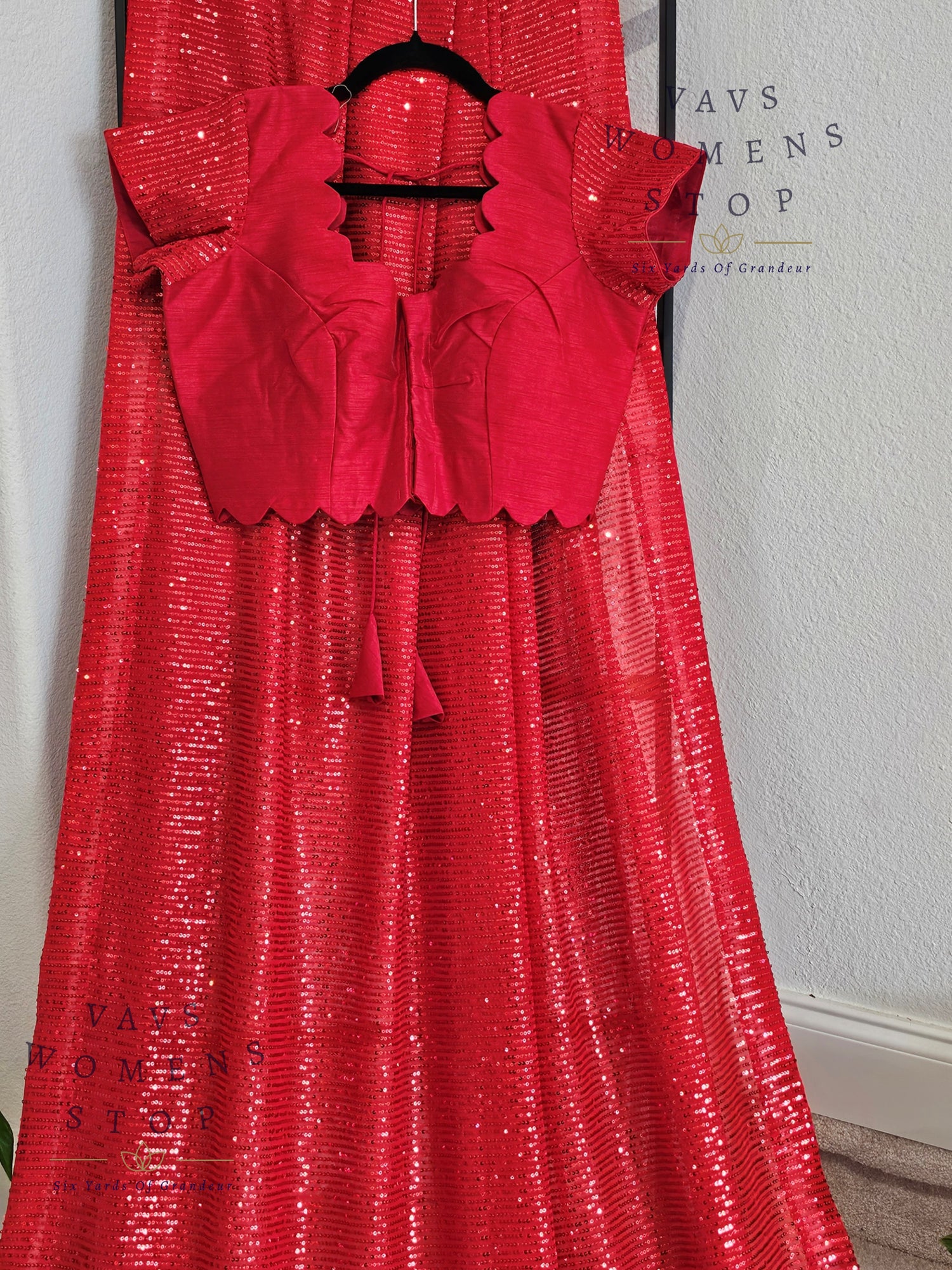 Designer Red Net Saree & Blouse – Cocktail & Party Wear - VAVS WOMENS STOP - Blouse Size 38 Extends To 44. Ready to ship.