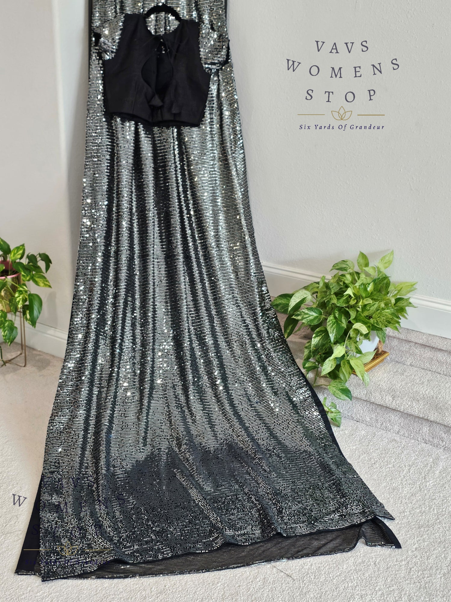 Elegant Black Net Saree adorned with shimmering silver sequins, paired with a designer blouse (size 36, extendable up to 42). Perfect for cocktail parties, receptions & evening events. Ready to ship.
