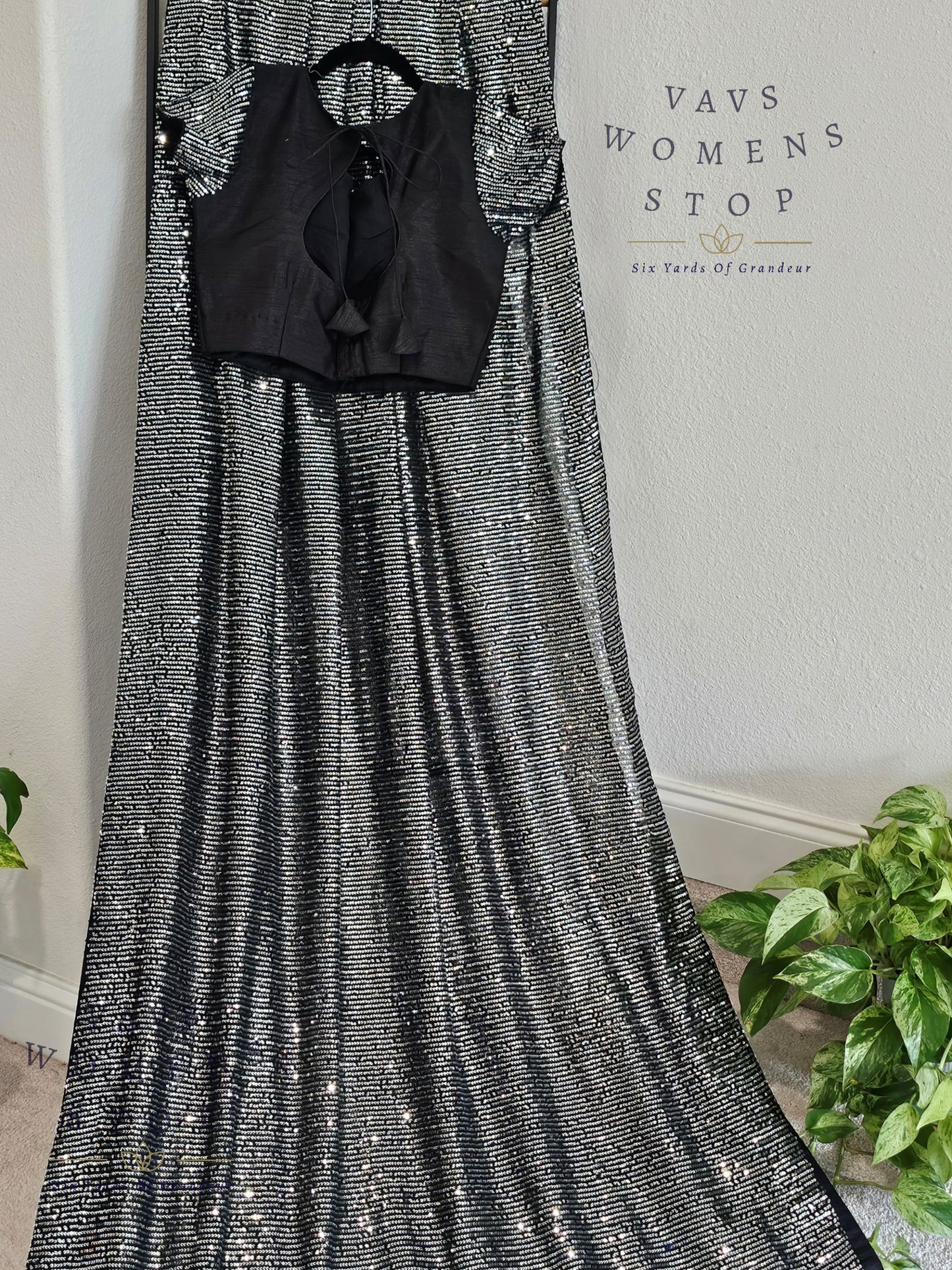 Elegant Black Net Saree adorned with shimmering silver sequins, paired with a designer blouse (size 36, extendable up to 42). Perfect for cocktail parties, receptions & evening events. Ready to ship.