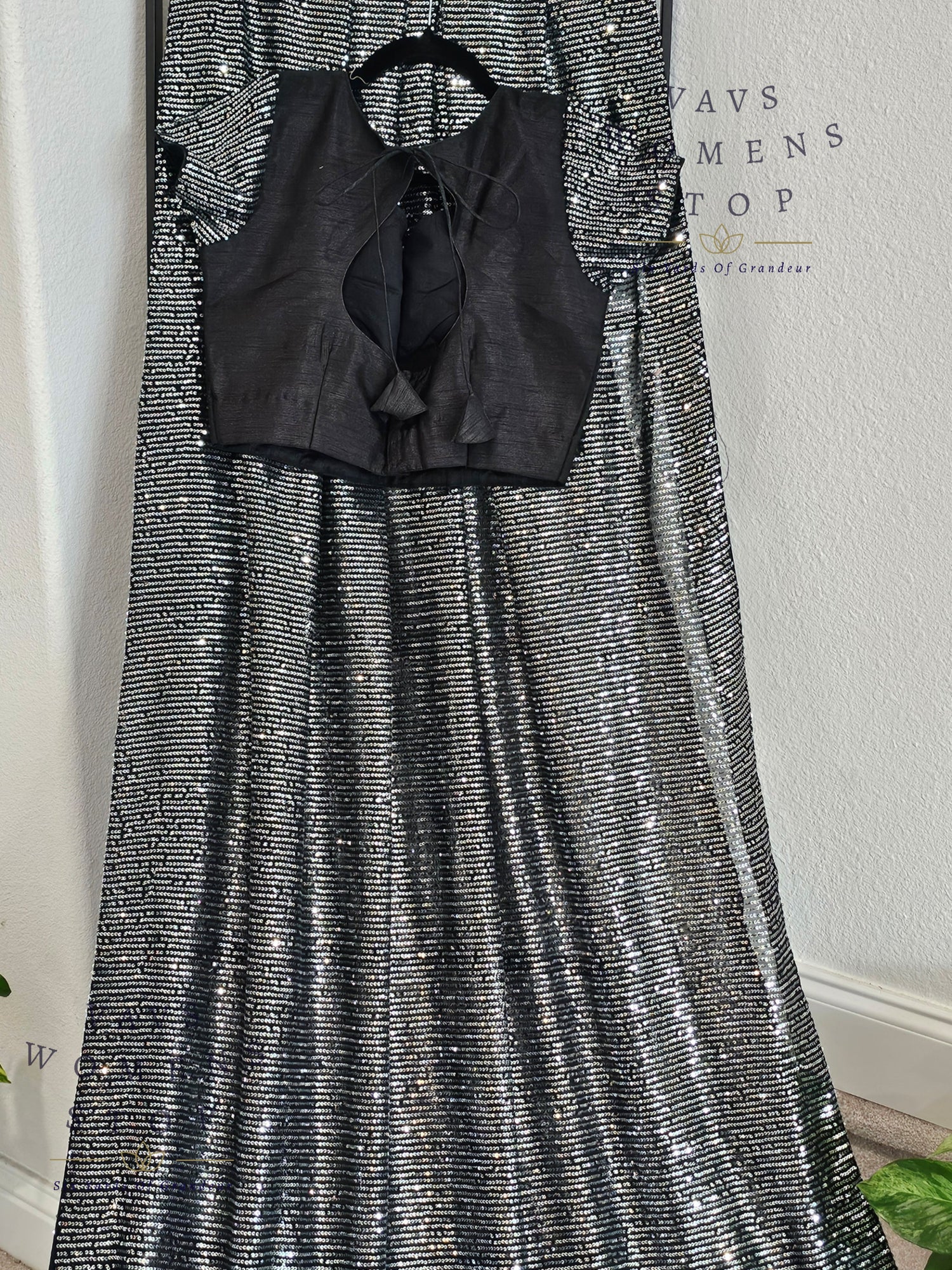 Elegant Black Net Saree adorned with shimmering silver sequins, paired with a designer blouse (size 36, extendable up to 42). Perfect for cocktail parties, receptions & evening events. Ready to ship.