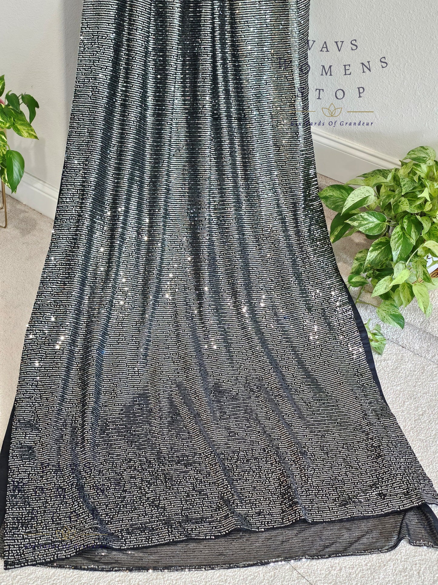 Designer Black Net Saree with Silver Sequins & Blouse – Cocktail & Party Wear