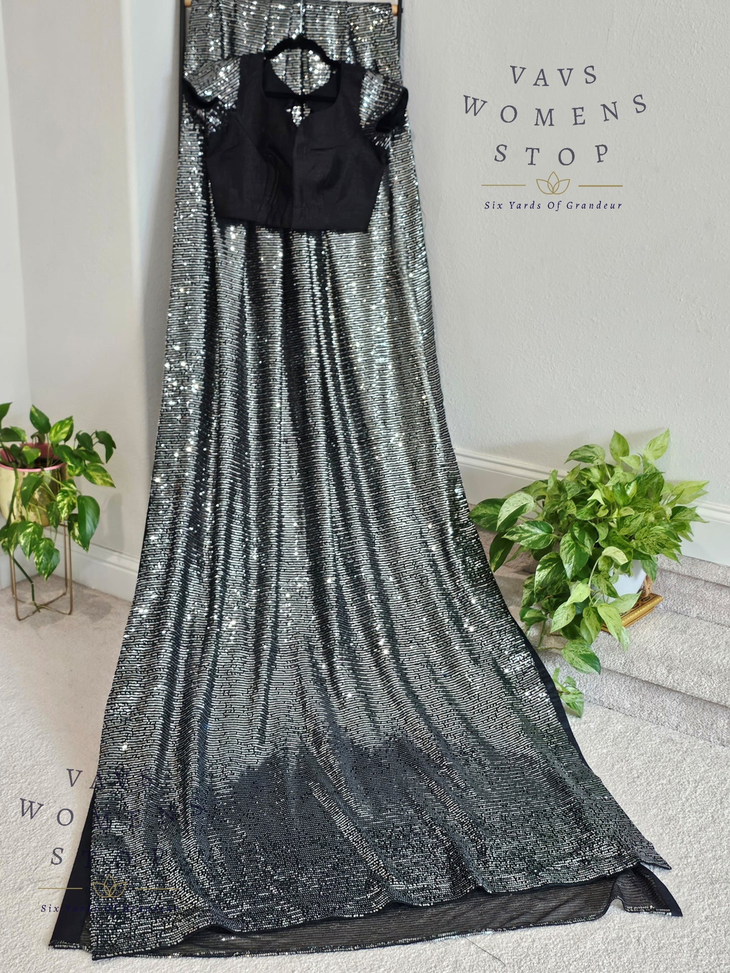Designer Black Net Saree with Silver Sequins & Blouse – Cocktail & Party Wear