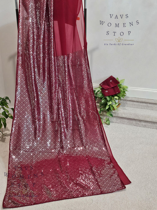 Maroon Shade Sequins Georgette Saree – Elegant Cocktail & Party Wear
