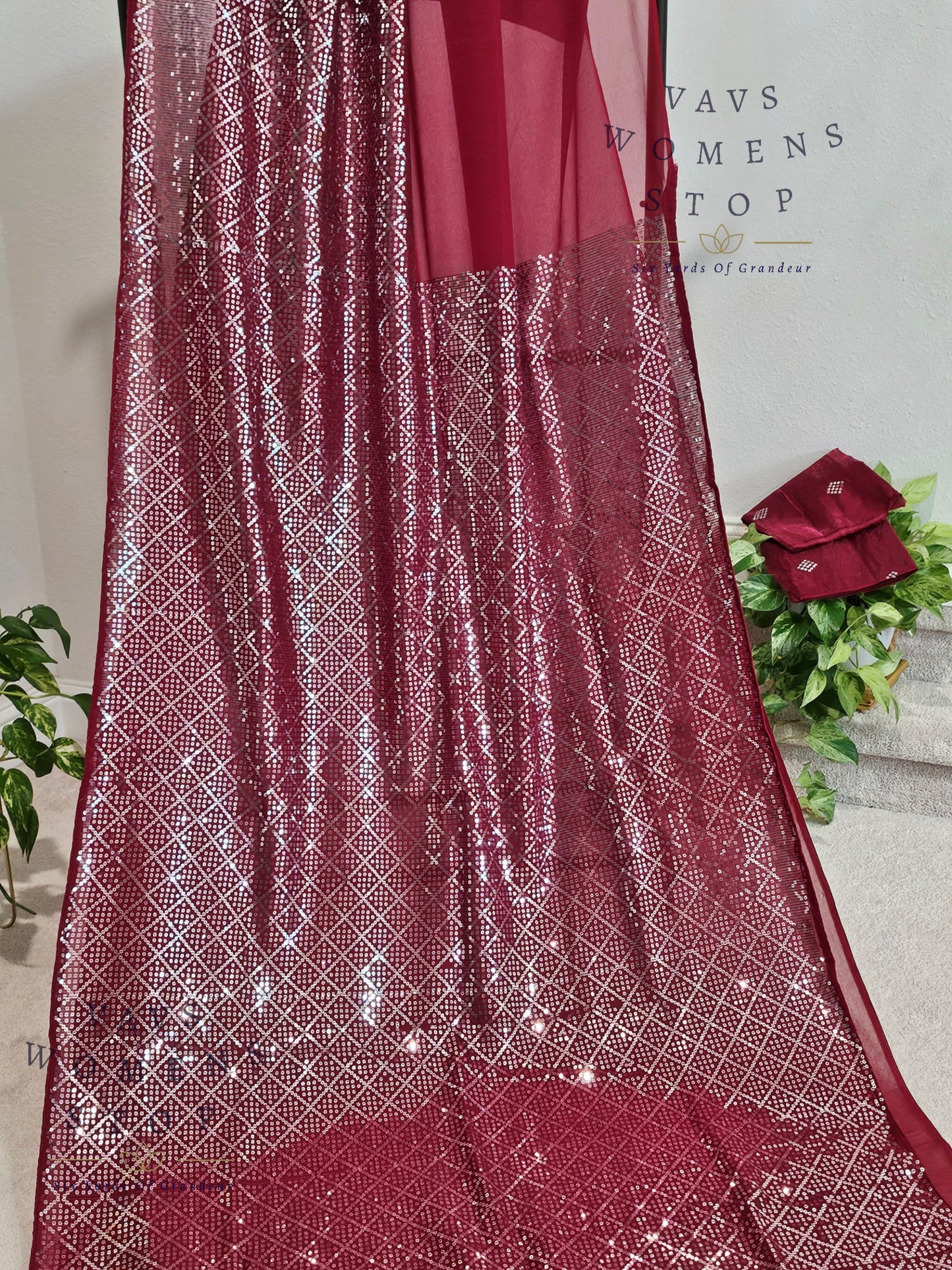 Maroon Shade Sequins Georgette Saree – Elegant Cocktail & Party Wear