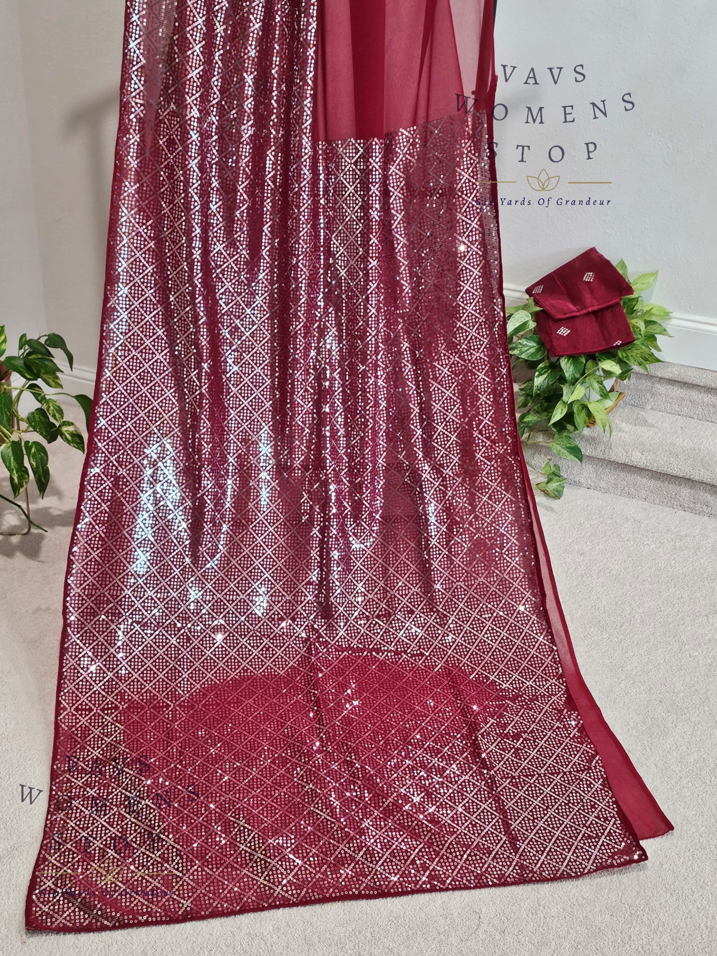 Maroon Shade Sequins Georgette Saree – Elegant Cocktail & Party Wear