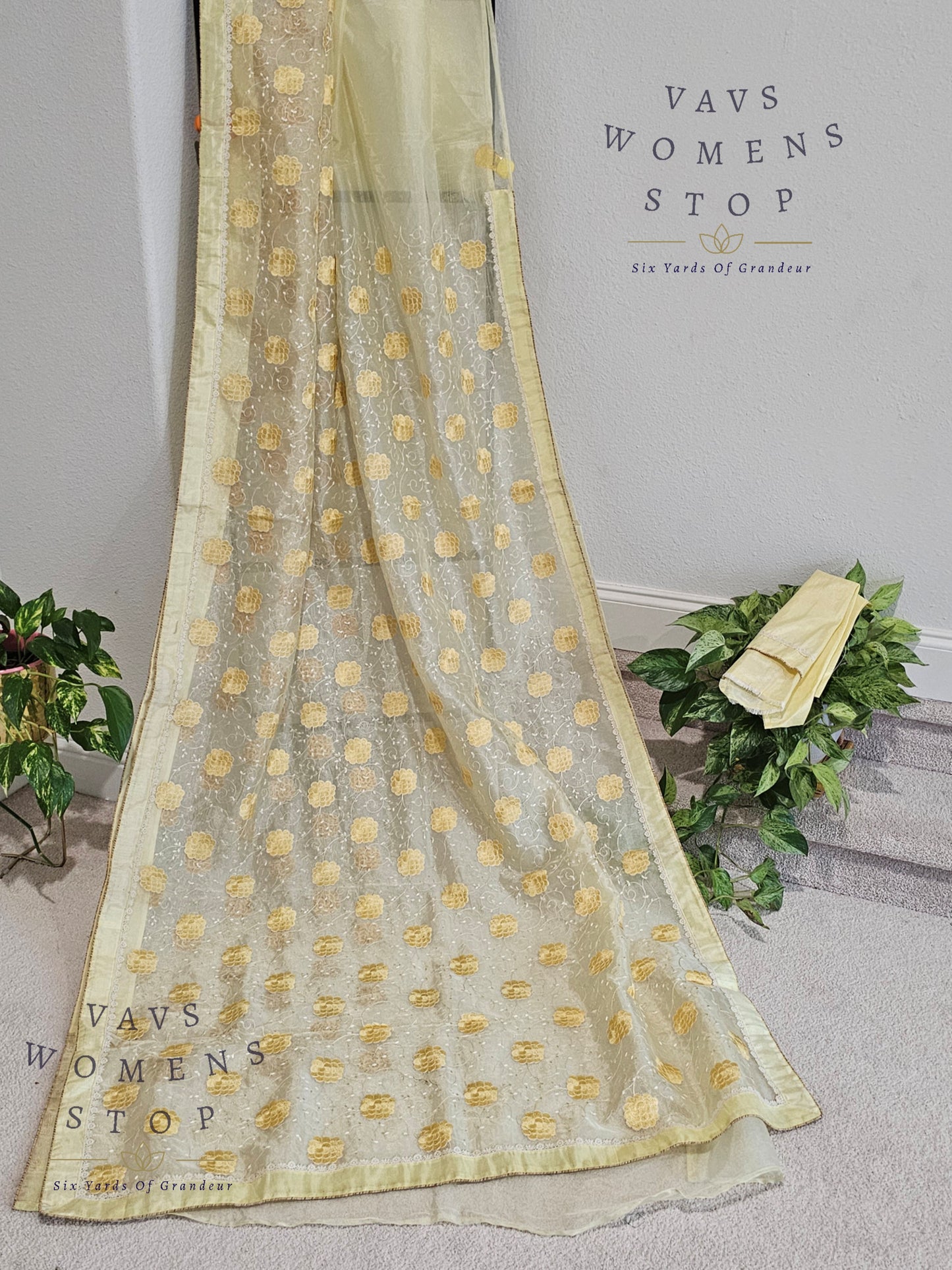 Lemon Yellow Shade Embroidered Organza Saree  