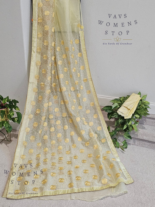 Lemon Yellow Shade Embroidered Organza Saree