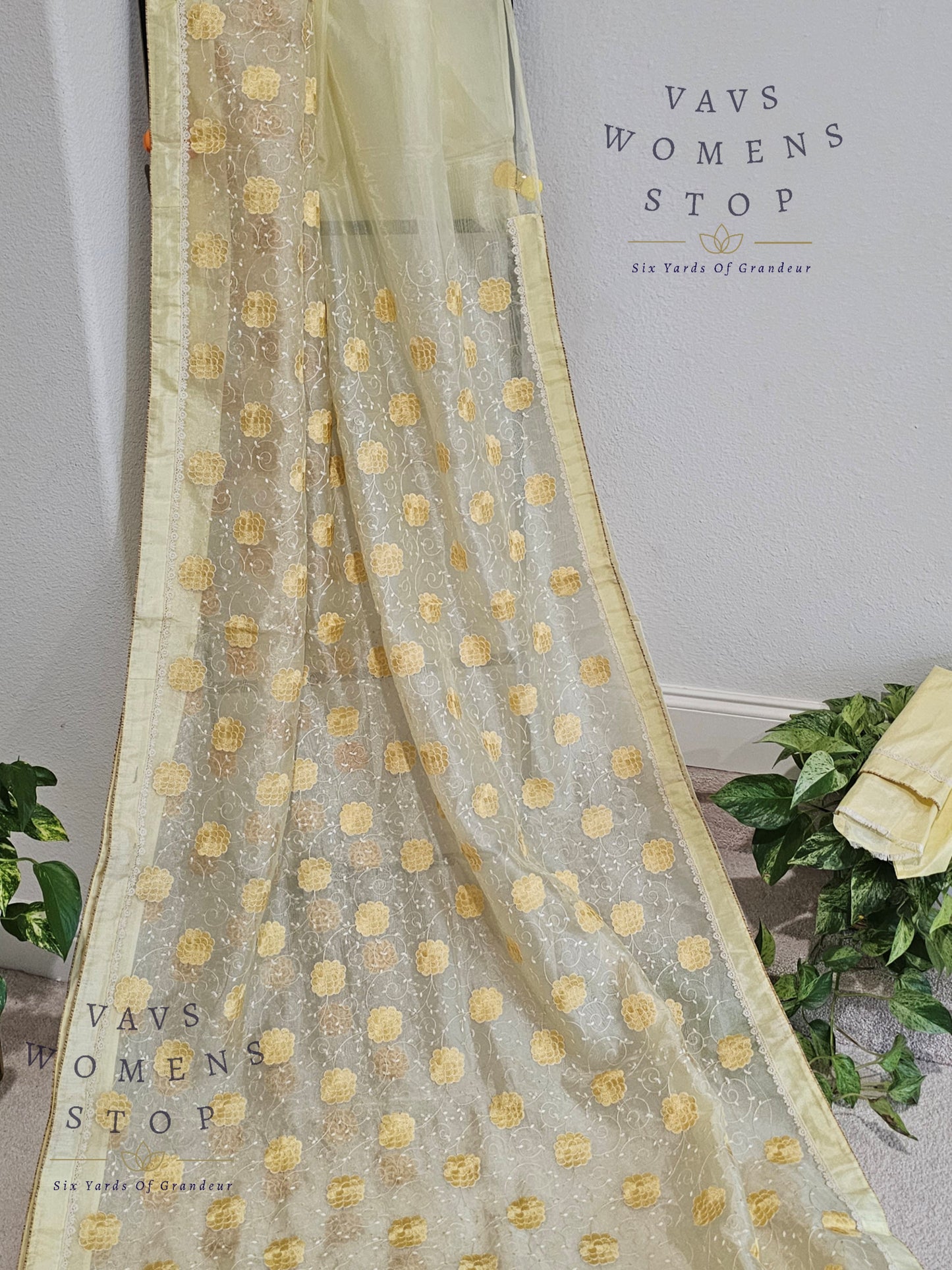 Lemon Yellow Shade Embroidered Organza Saree