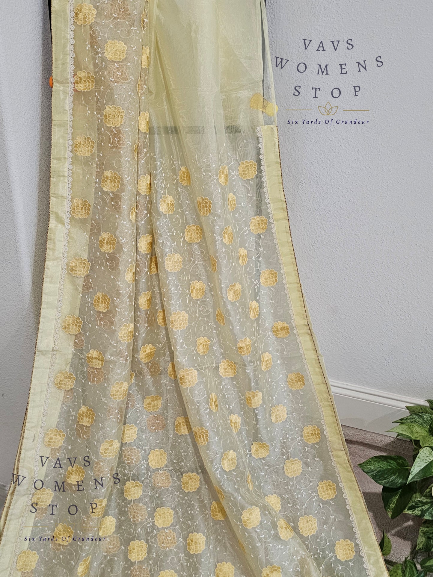 Lemon Yellow Shade Embroidered Organza Saree