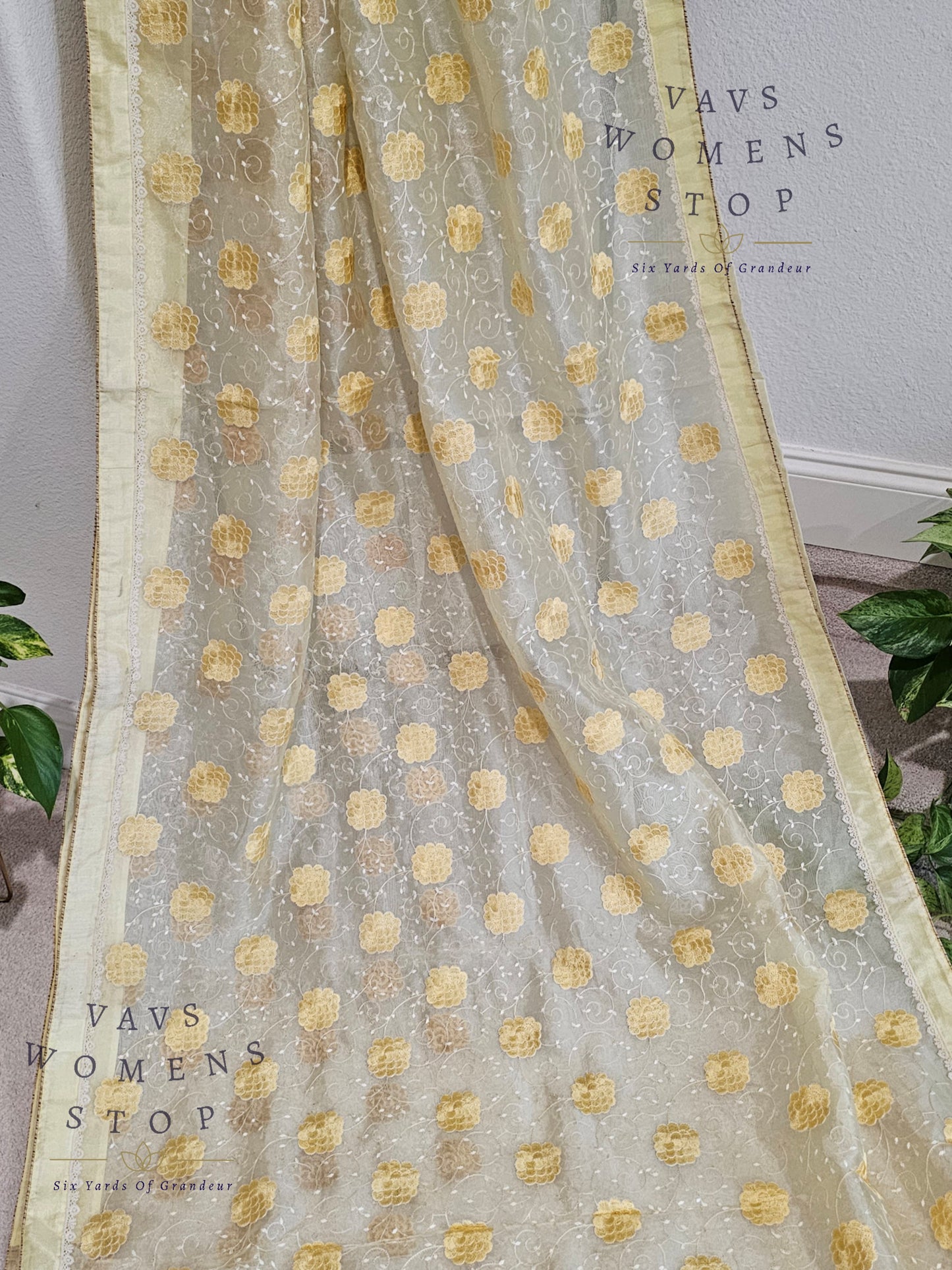 Lemon Yellow Shade Embroidered Organza Saree