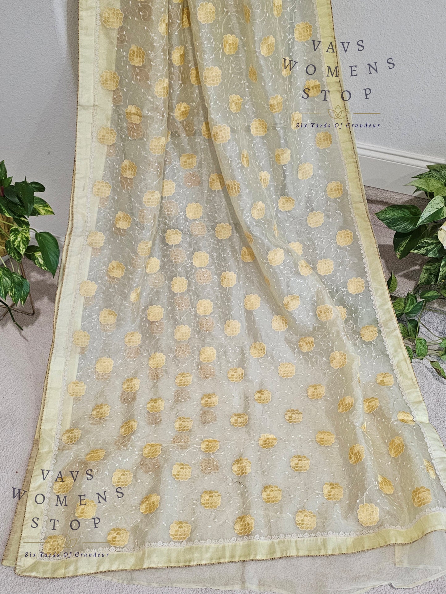 Lemon Yellow Shade Embroidered Organza Saree
