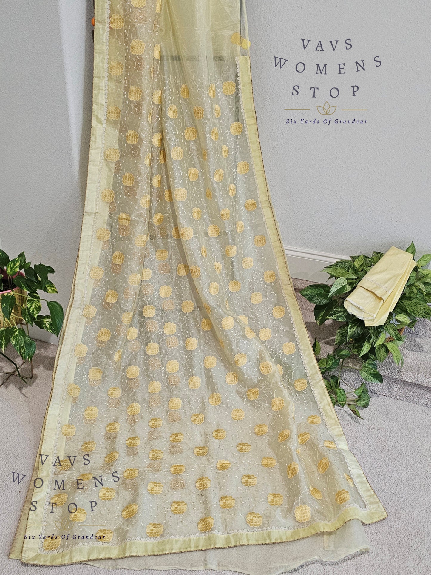 Lemon Yellow Shade Embroidered Organza Saree