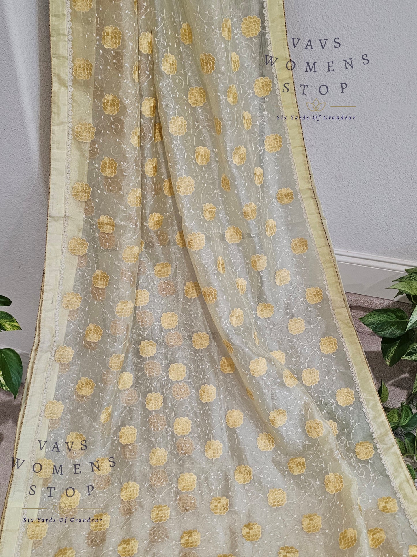 Lemon Yellow Shade Embroidered Organza Saree