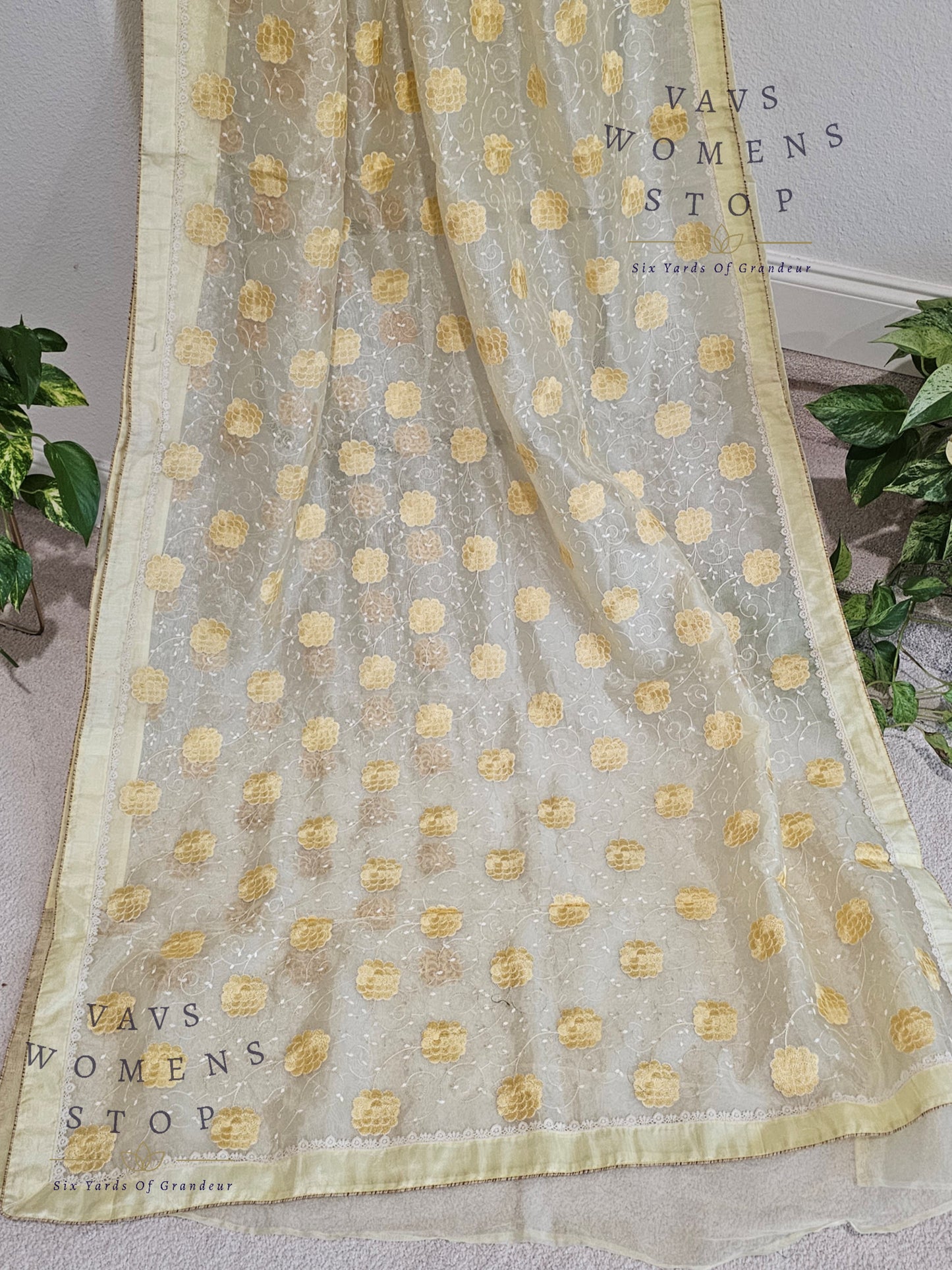 Lemon Yellow Shade Embroidered Organza Saree