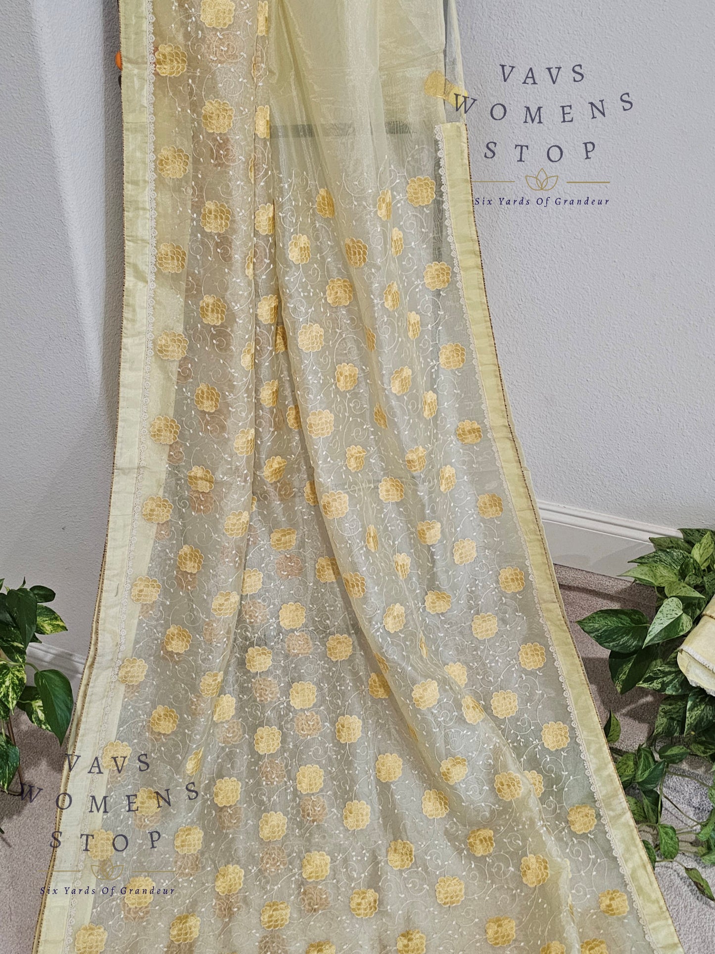 Lemon Yellow Shade Embroidered Organza Saree
