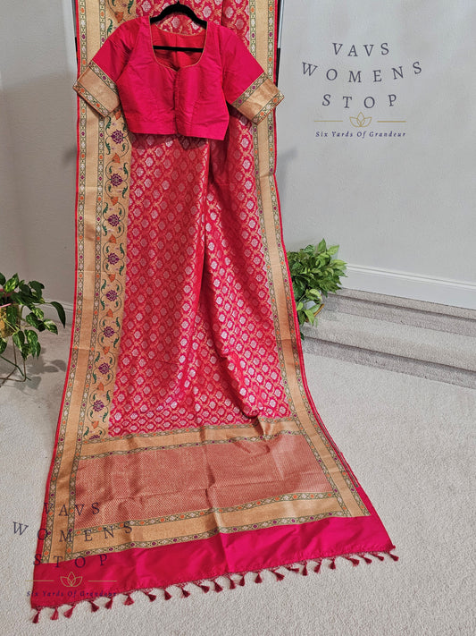 Designer Pink Benarasi Soft Silk Paithani Border Saree - Blouse