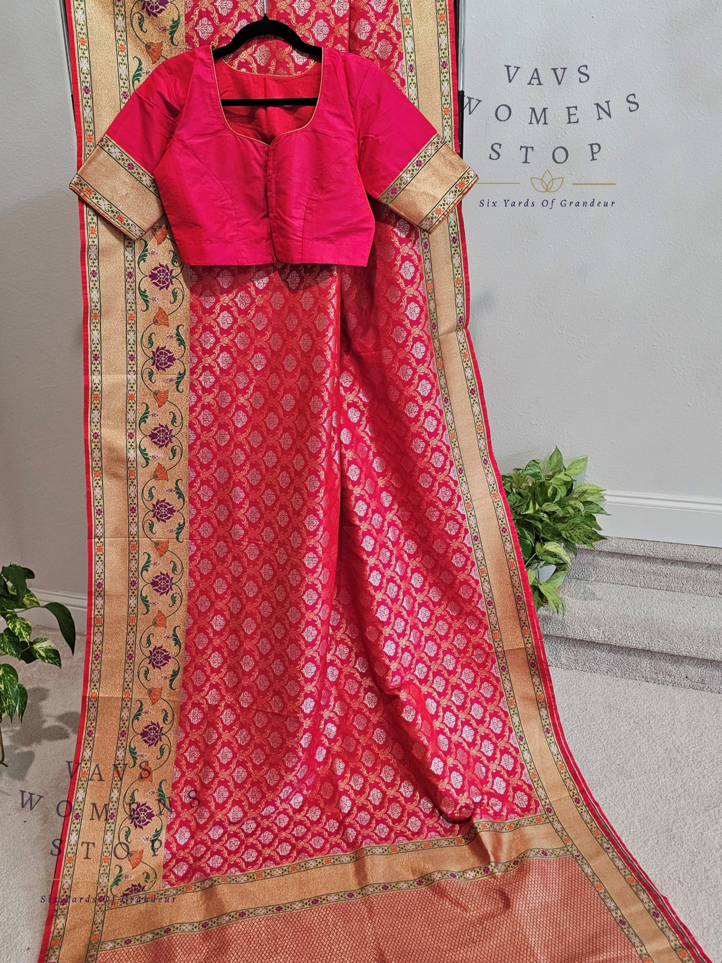 Designer Pink Benarasi Soft Silk Paithani Border Saree - Blouse