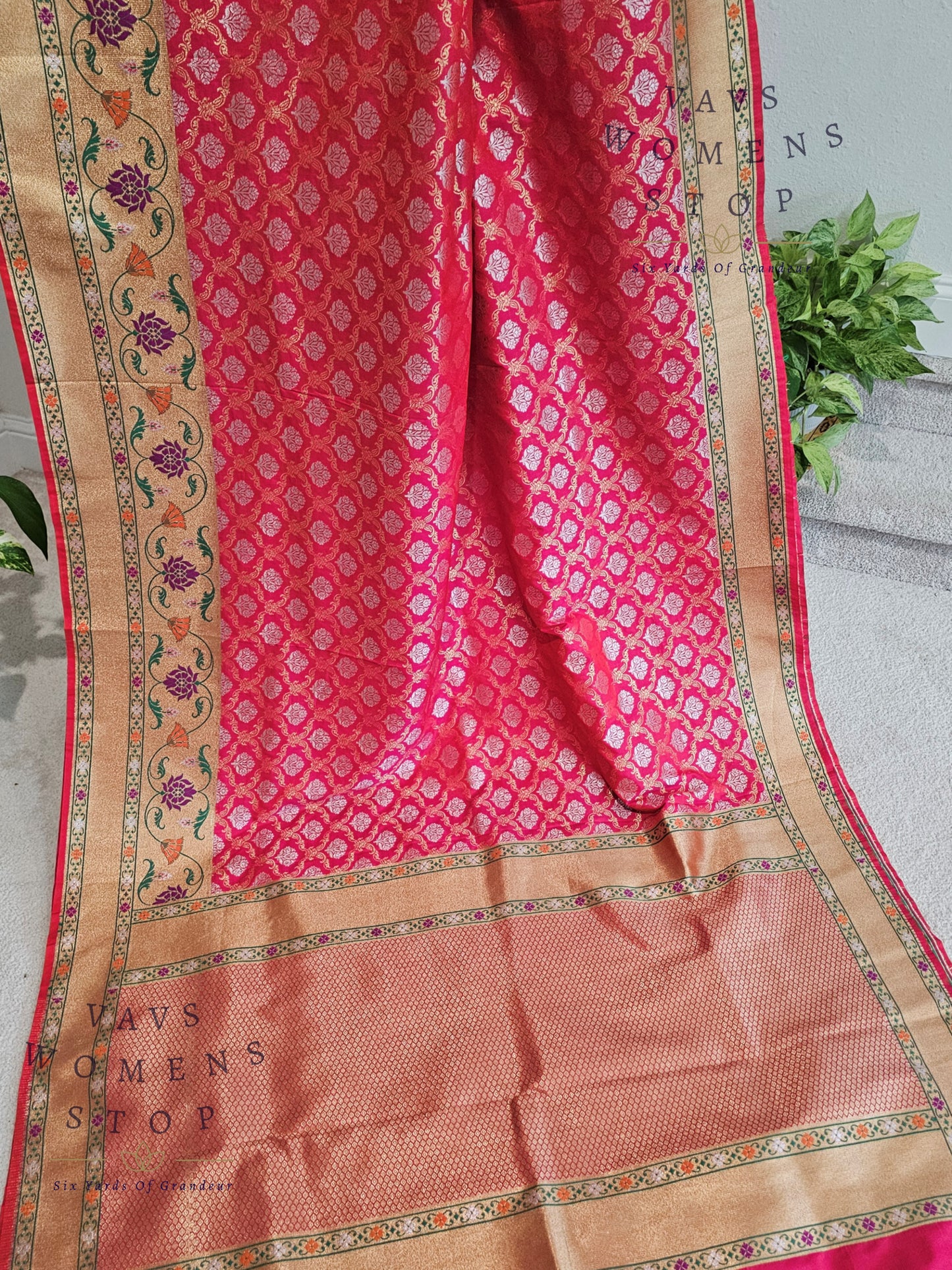 Designer Pink Benarasi Soft Silk Paithani Border Saree - Blouse