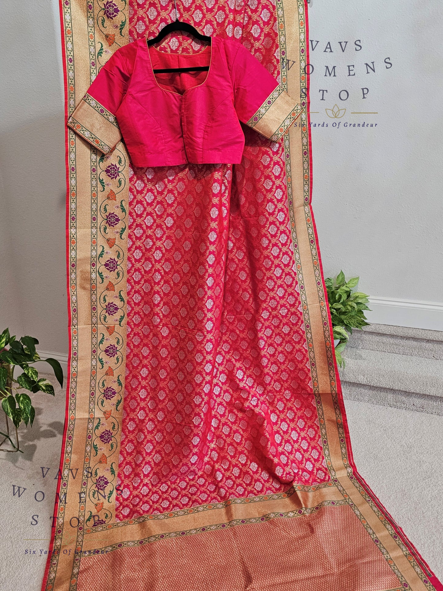 Designer Pink Benarasi Soft Silk Paithani Border Saree - Blouse