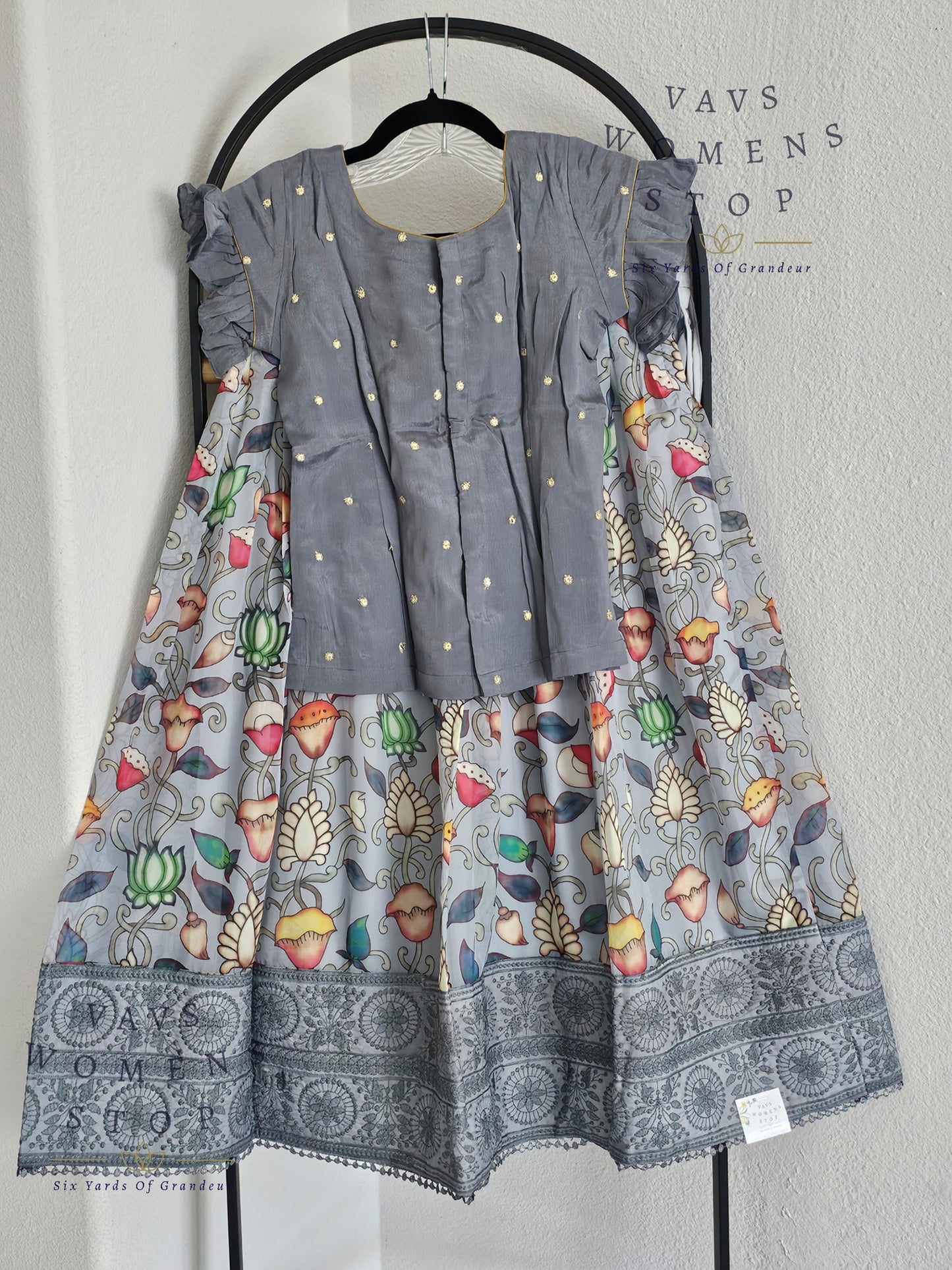 Gray Kalamkari Print Soft Organza Lehenga Blouse