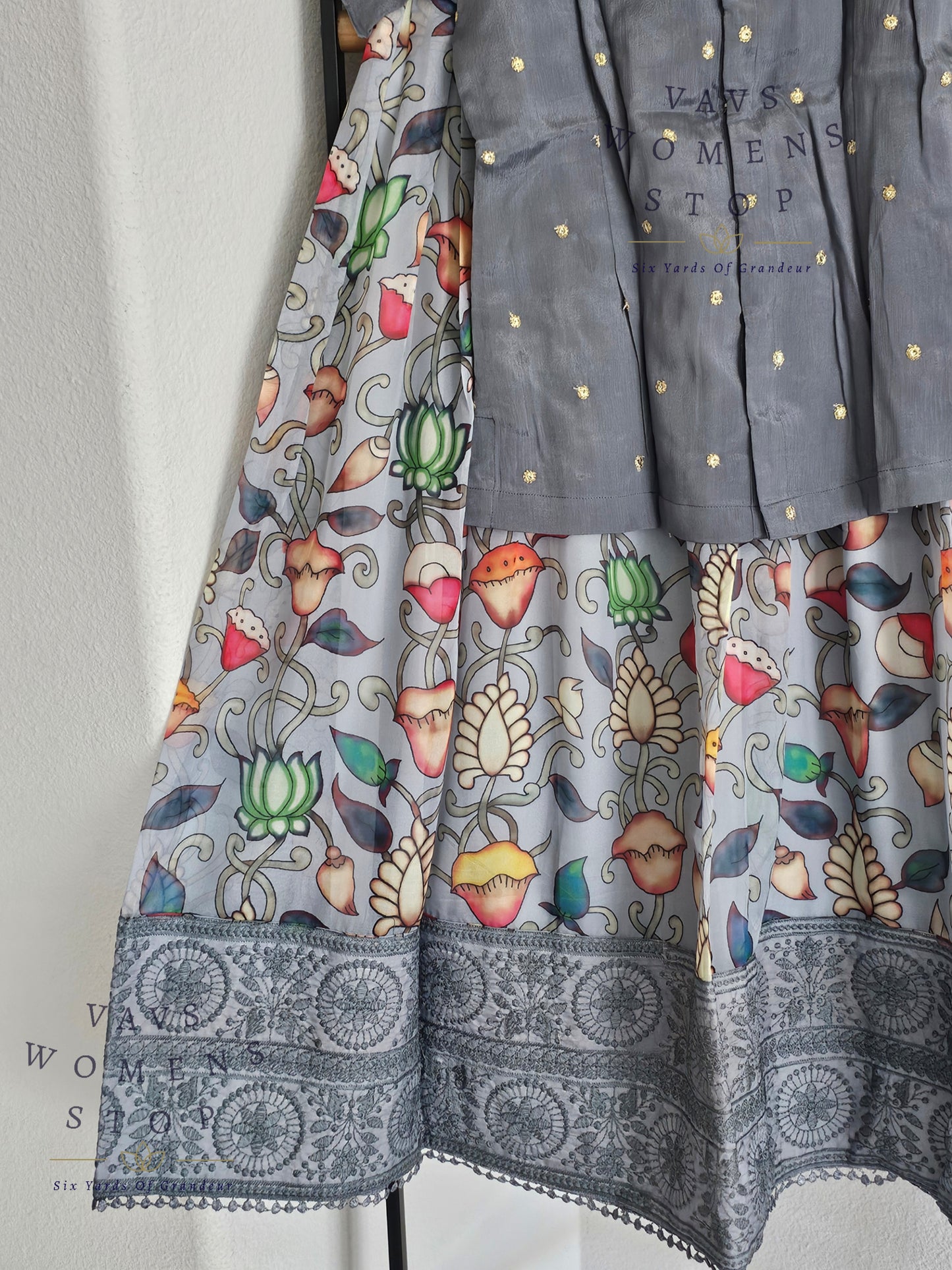 Gray Kalamkari Print Soft Organza Lehenga Blouse
