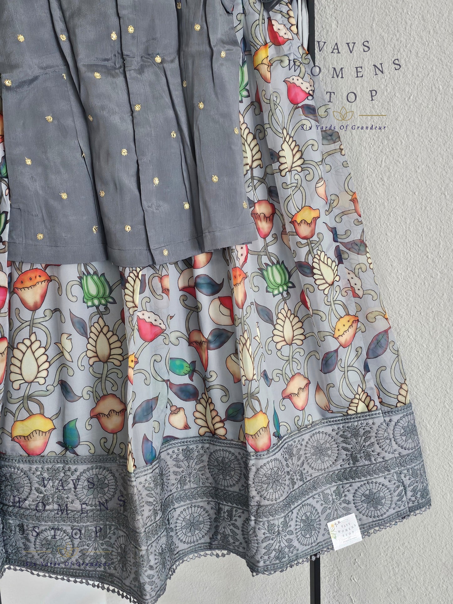 Gray Kalamkari Print Soft Organza Lehenga Blouse