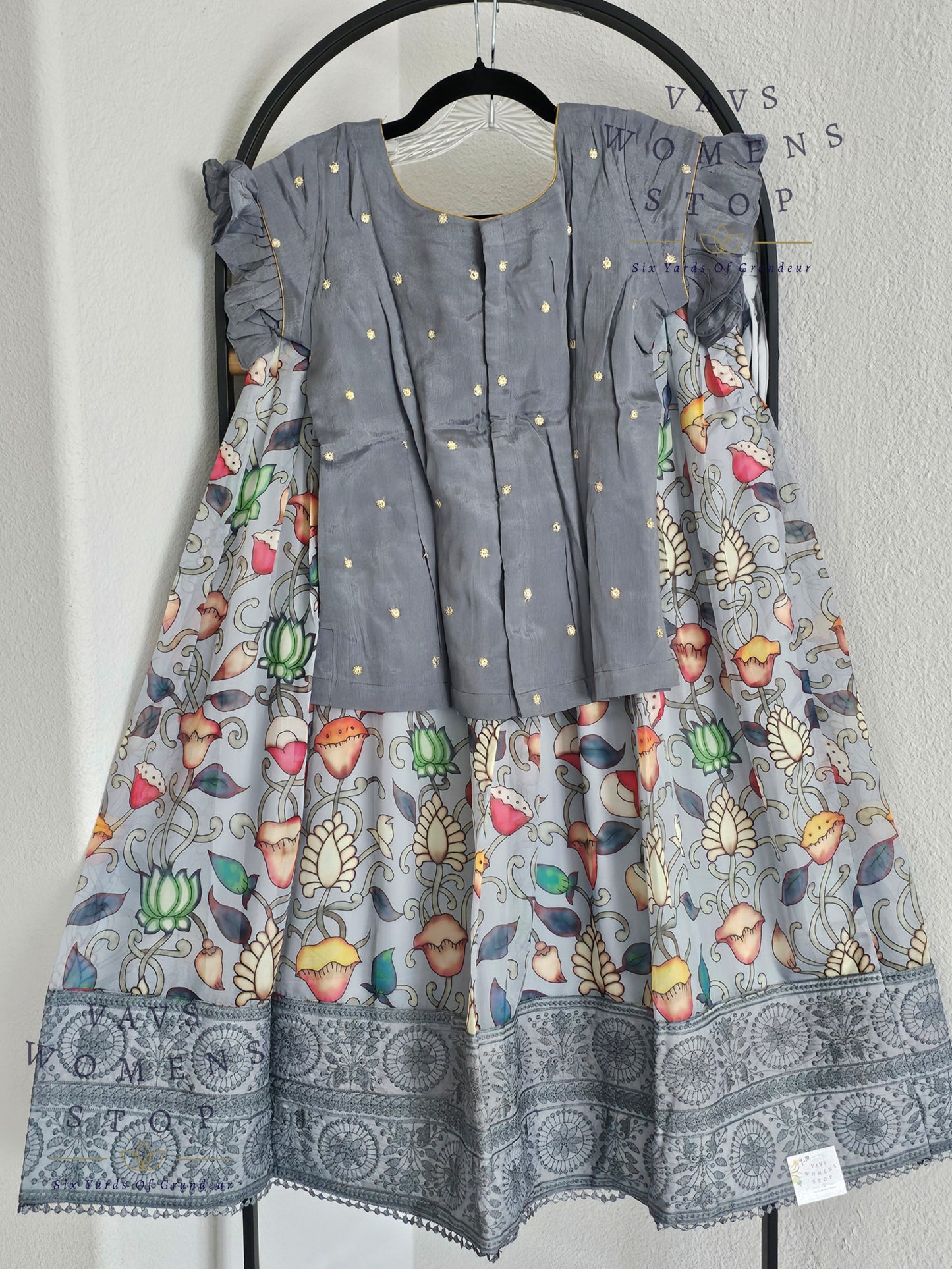 Gray Kalamkari Print Soft Organza Lehenga Blouse