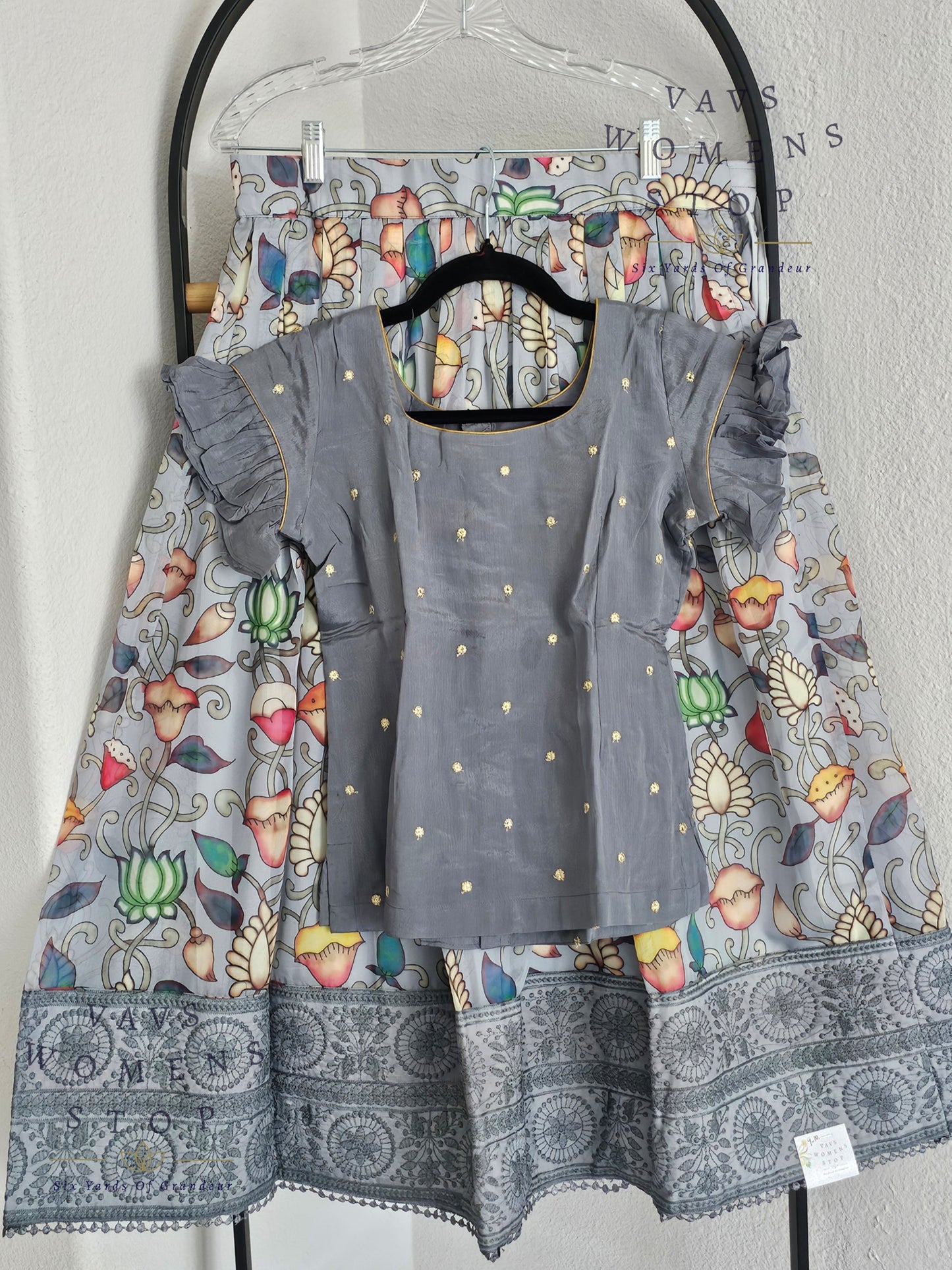 Gray Kalamkari Print Soft Organza Lehenga Blouse