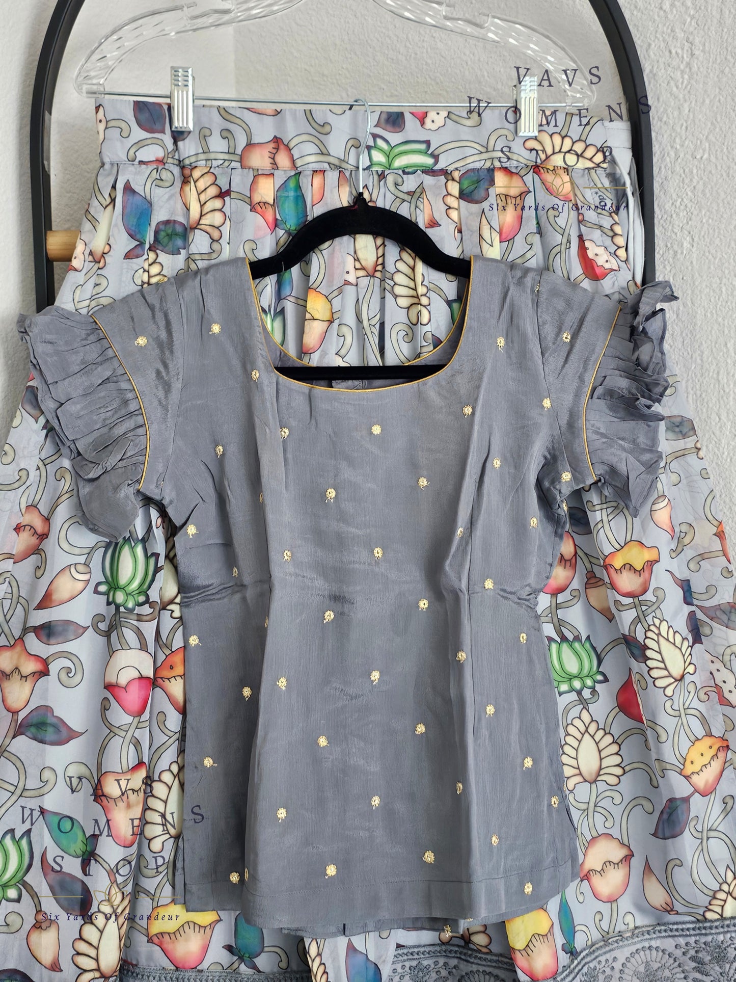Gray Kalamkari Print Soft Organza Lehenga Blouse