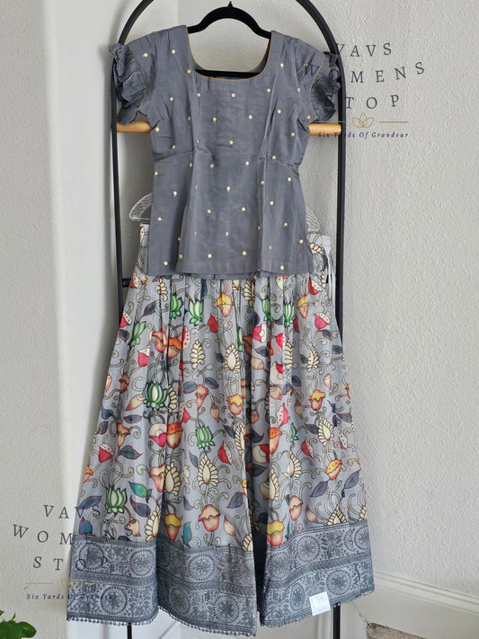 Gray Kalamkari Print Soft Organza Lehenga Blouse