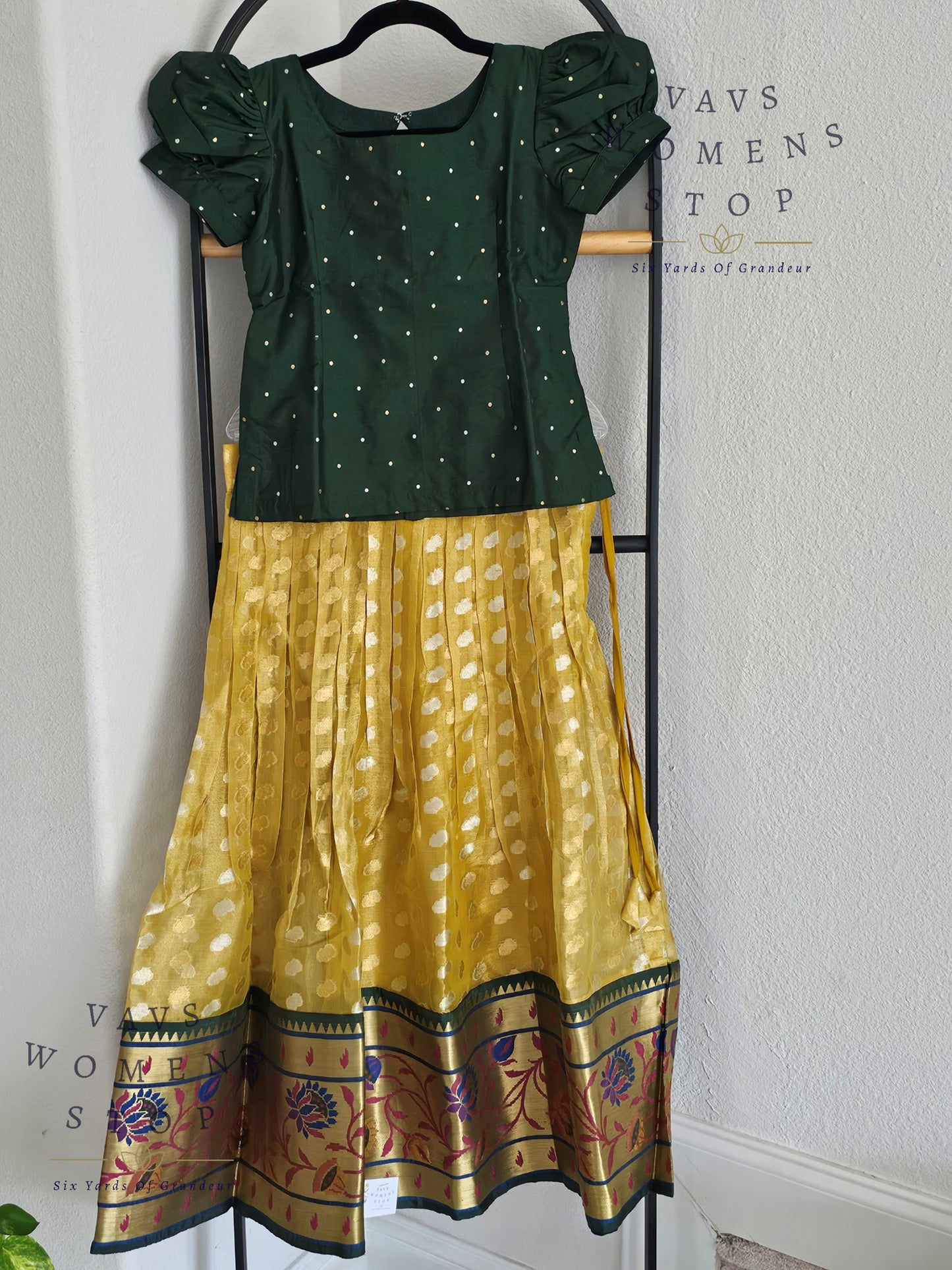 Gold Shade Paithani Tissue Lehenga Blouse. Pattu Pavada Set.