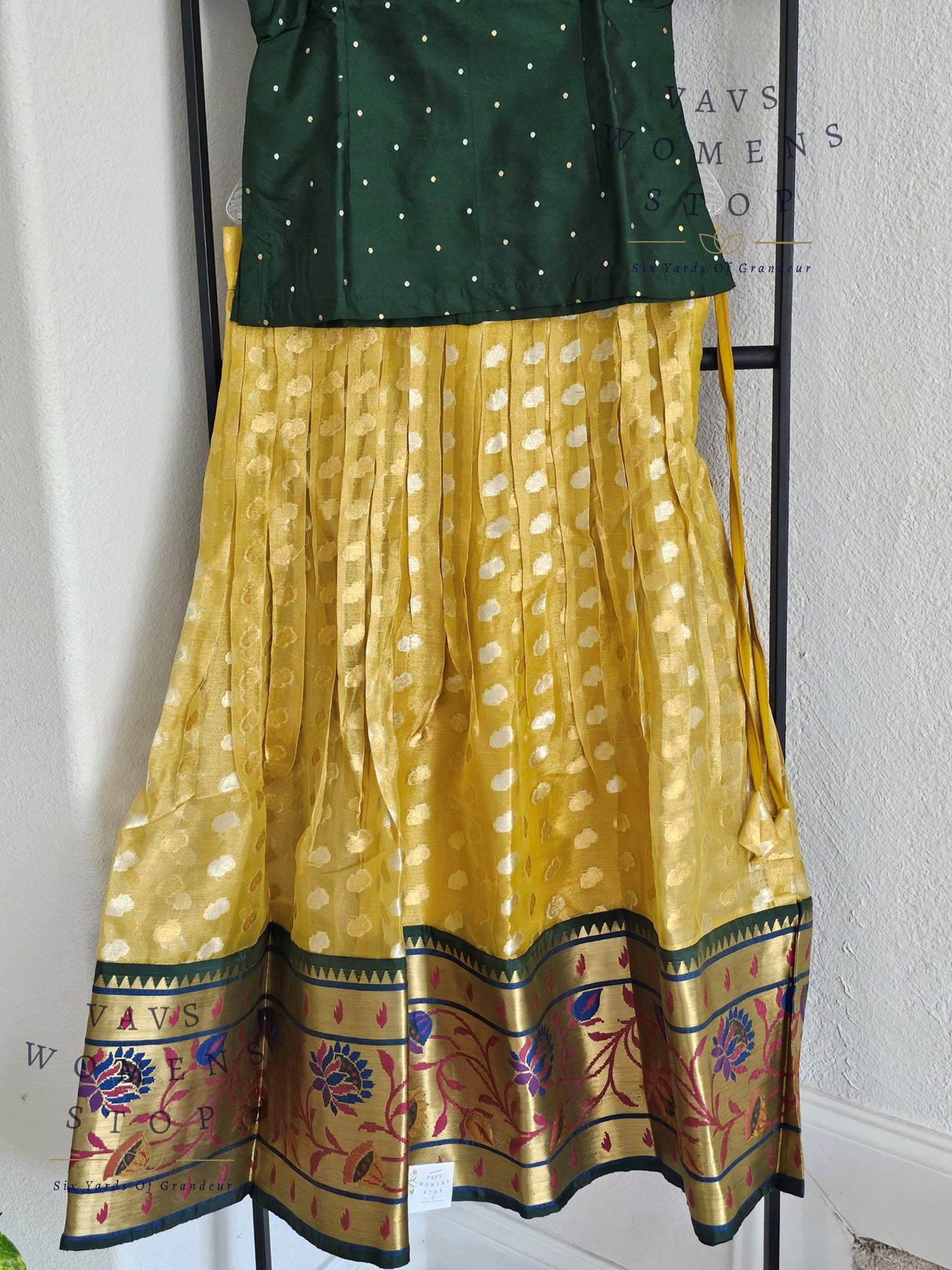 Gold Shade Paithani Tissue Lehenga Blouse. Pattu Pavada Set.