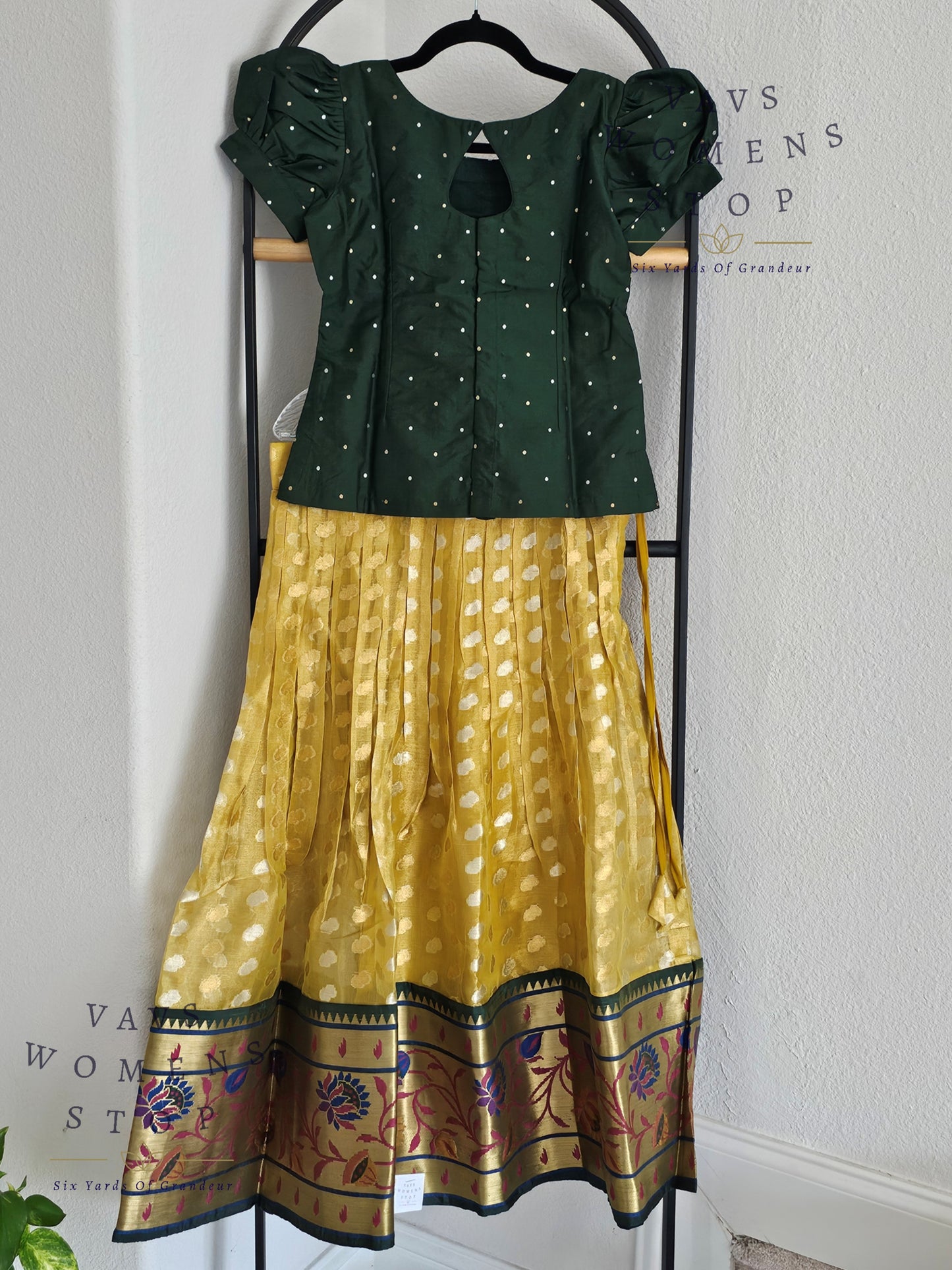 Gold Shade Paithani Tissue Lehenga Blouse. Pattu Pavada Set.