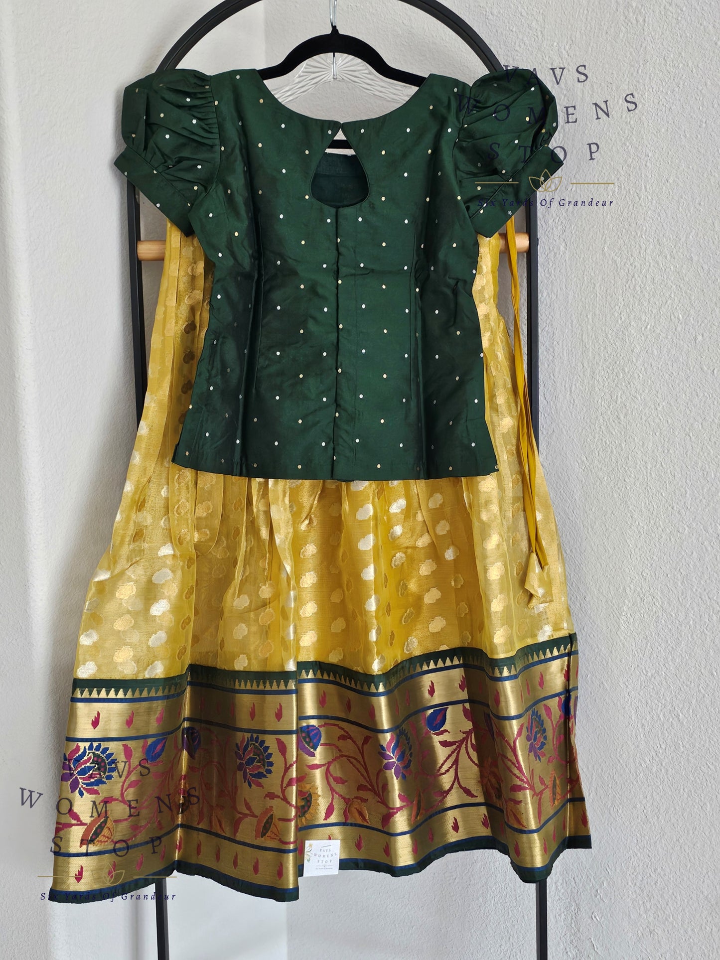 Gold Shade Paithani Tissue Lehenga Blouse. Pattu Pavada Set.