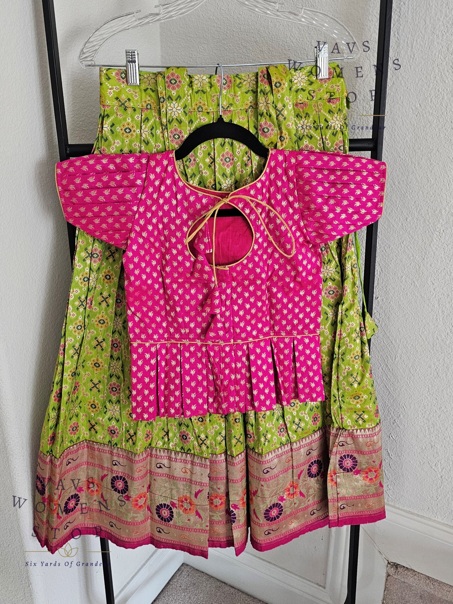 Patola Satin Benarasi with Paithani Border Kids Pattu Pavadai Langa Blouse Suits for 6 years to 7 years girls