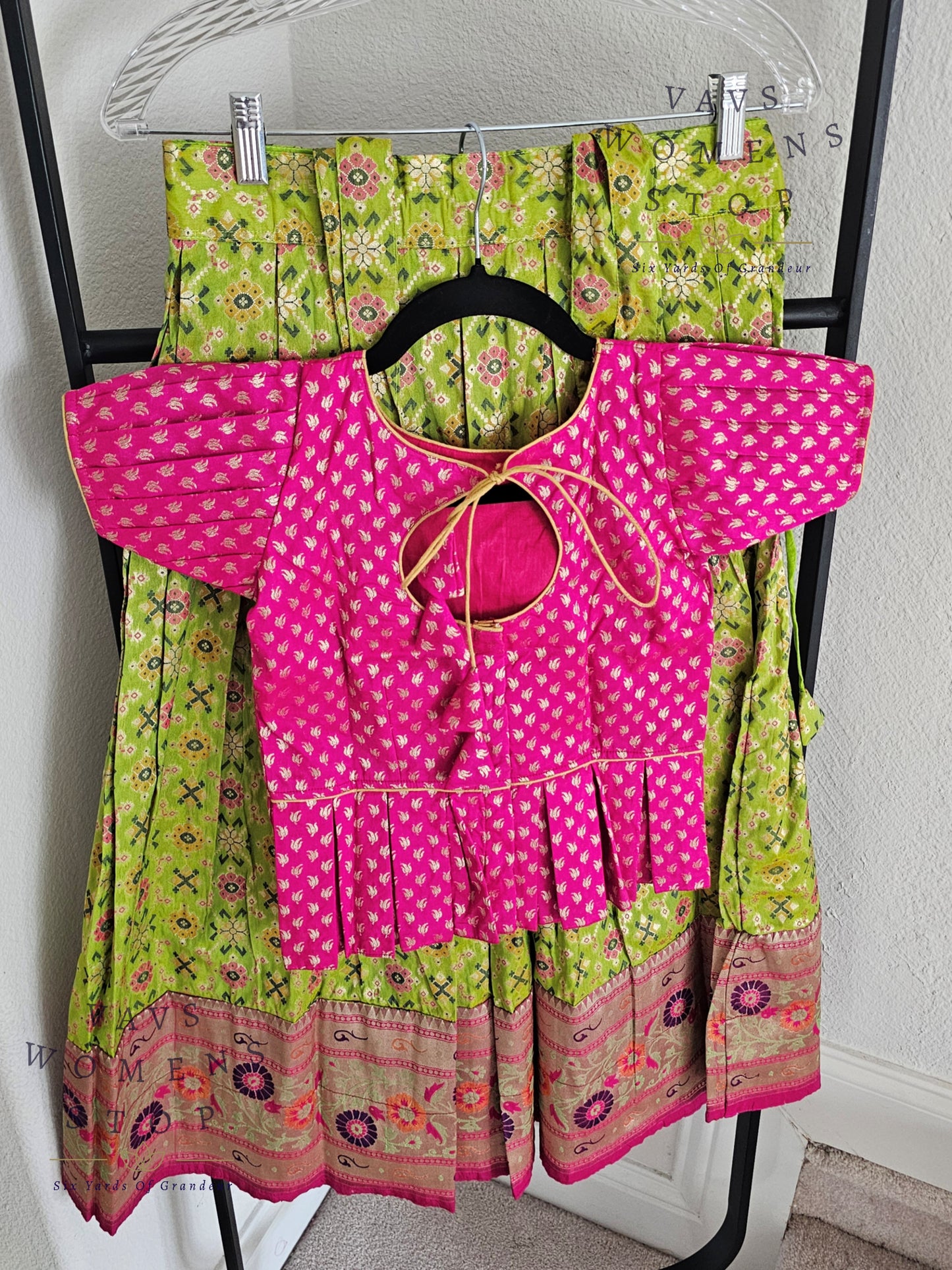 Patola Satin Benarasi with Paithani Border Kids Pattu Pavadai Langa Blouse Suits for 6 years to 7 years girls