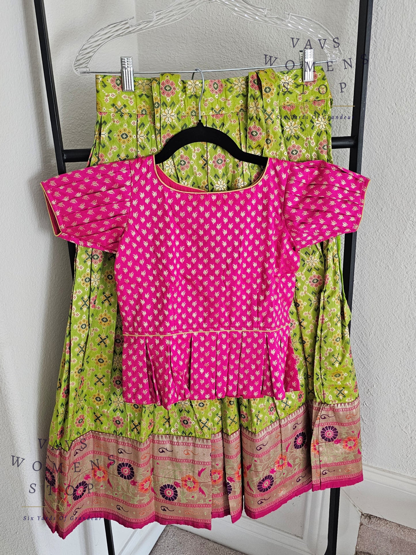 Patola Satin Benarasi with Paithani Border Kids Pattu Pavadai Langa Blouse Suits for 6 years to 7 years girls