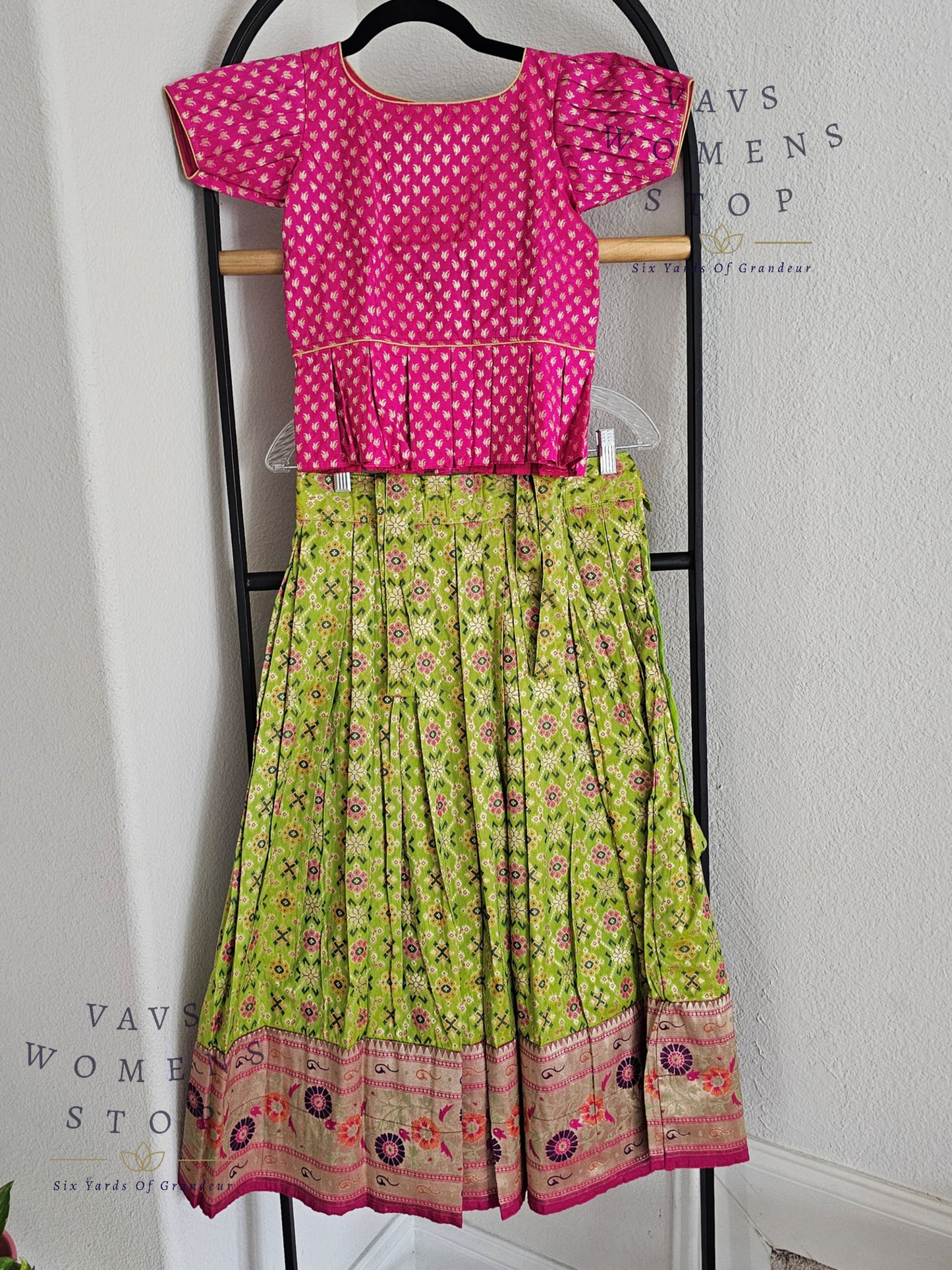 Patola Satin Benarasi with Paithani Border Kids Pattu Pavadai Langa Blouse Suits for 6 years to 7 years girls