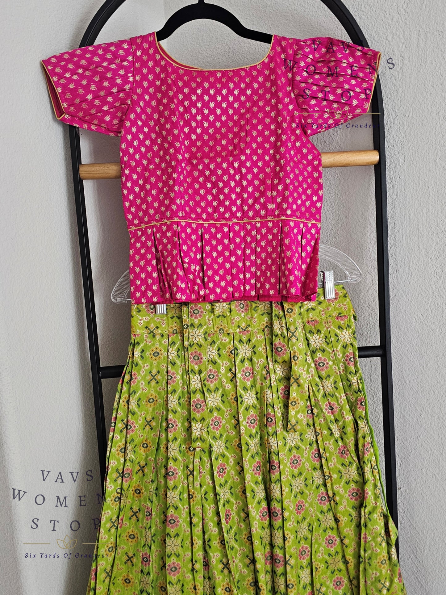 Patola Satin Benarasi with Paithani Border Kids Pattu Pavadai Langa Blouse Suits for 6 years to 7 years girls