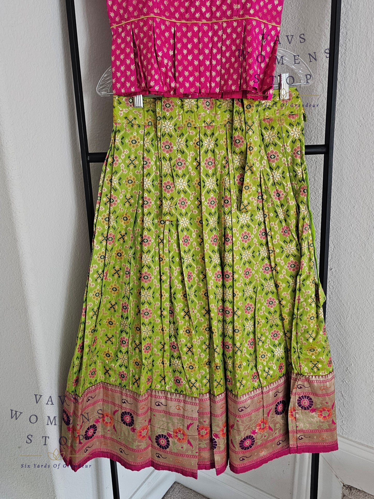 Patola Satin Benarasi with Paithani Border Kids Pattu Pavadai Langa Blouse Suits for 6 years to 7 years girls