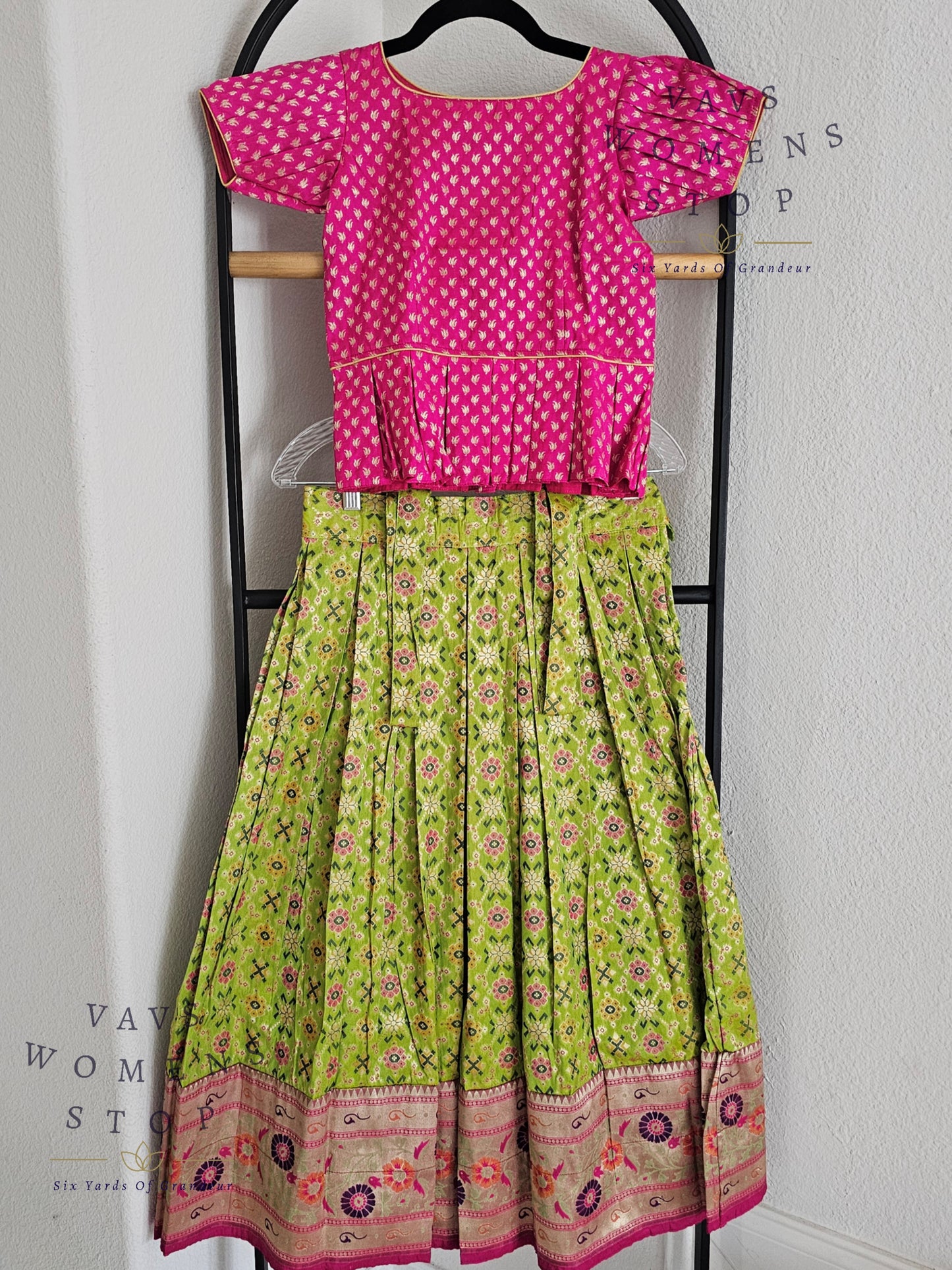 Patola Satin Benarasi with Paithani Border Kids Pattu Pavadai Langa Blouse Suits for 6 years to 7 years girls