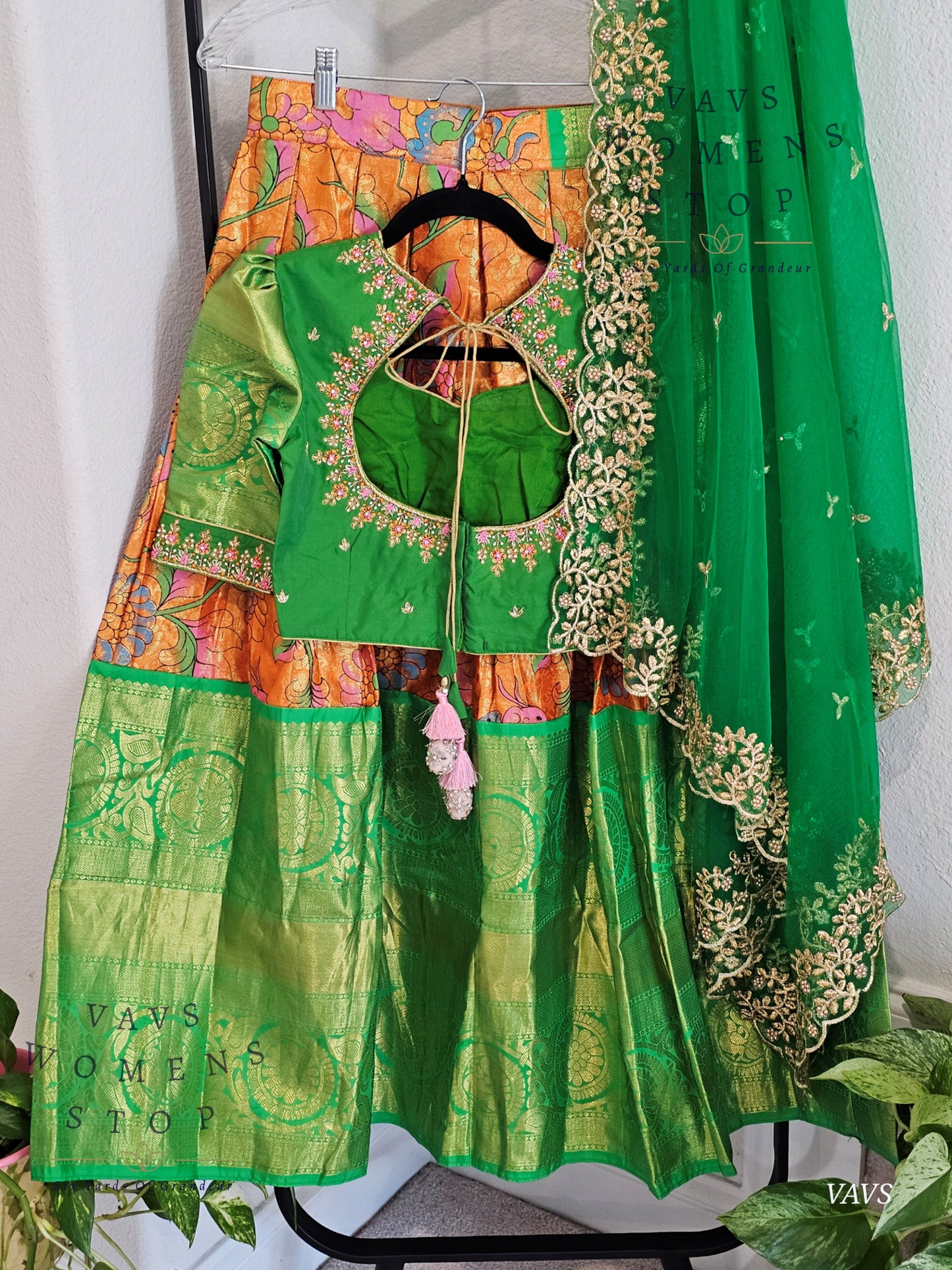 Orange Pure Kanchi Silk Kalamkari Print Traditional Half Saree Set with Green Border & Dupatta