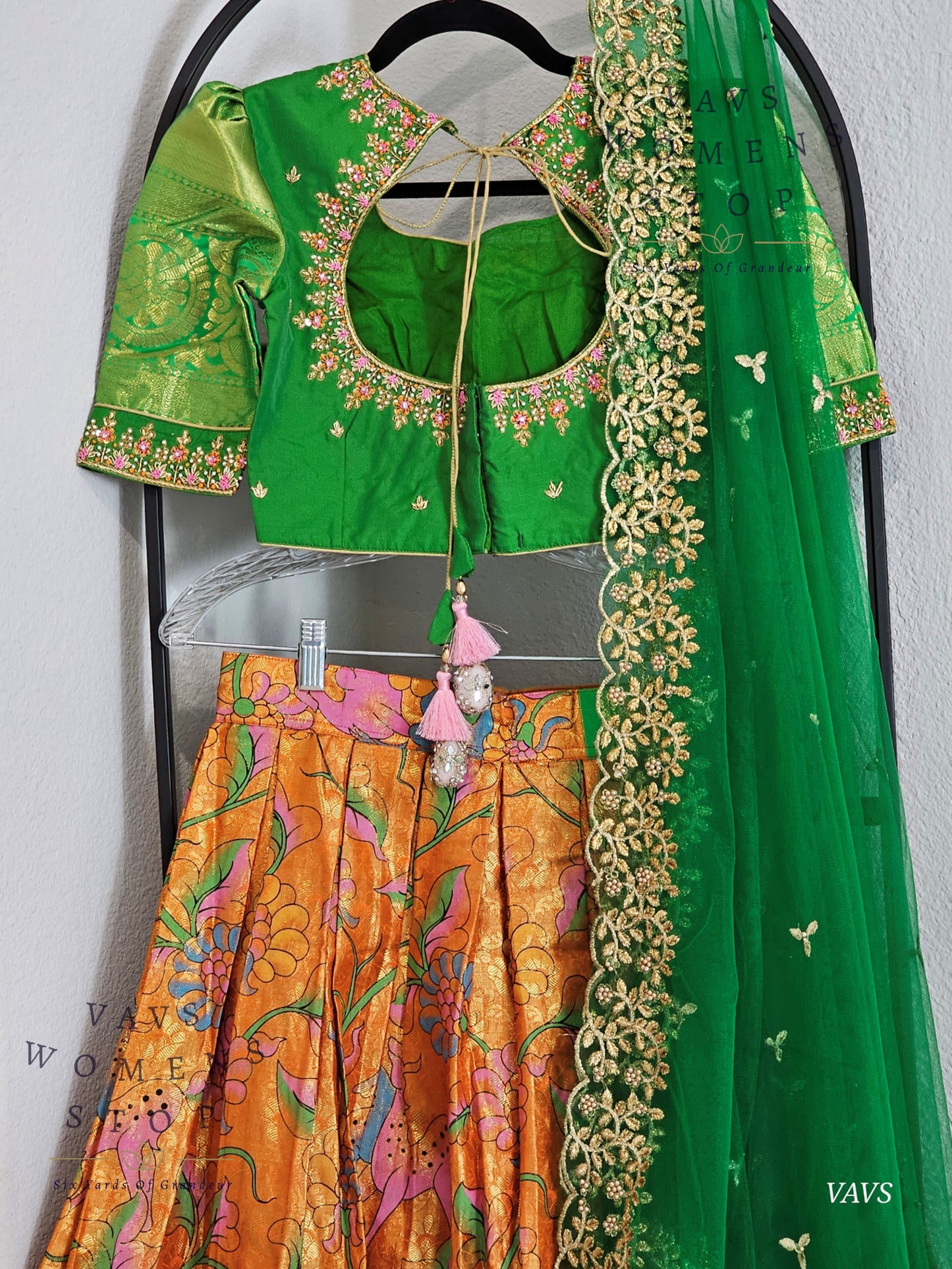 Orange Pure Kanchi Silk Kalamkari Print Traditional Half Saree Set with Green Border & Dupatta