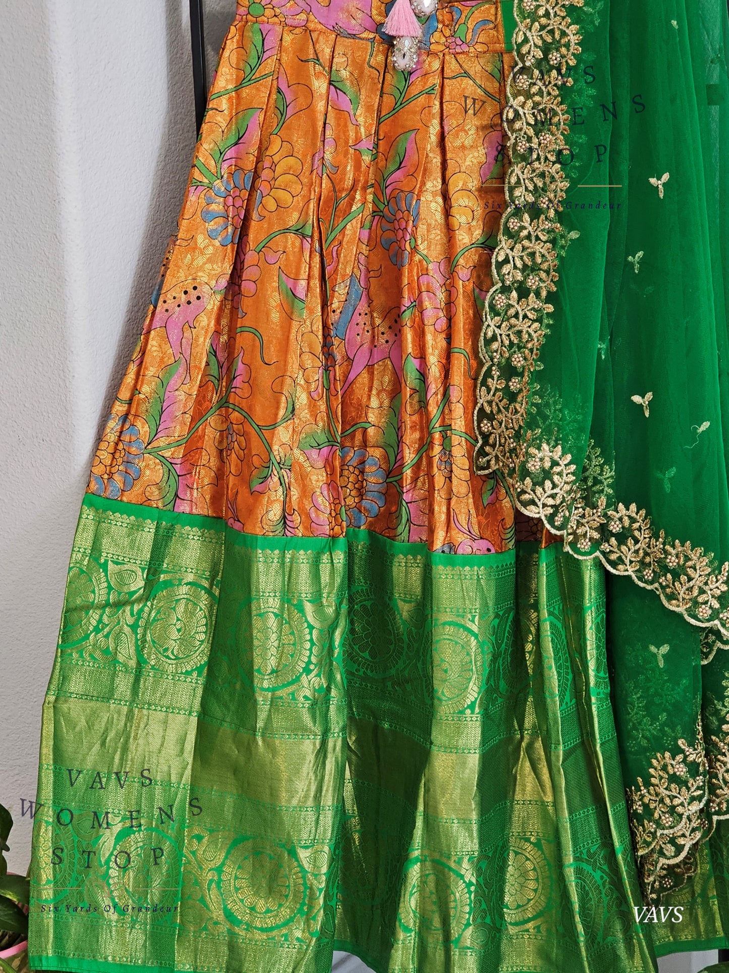 Orange Pure Kanchi Silk Kalamkari Print Traditional Half Saree Set with Green Border & Dupatta
