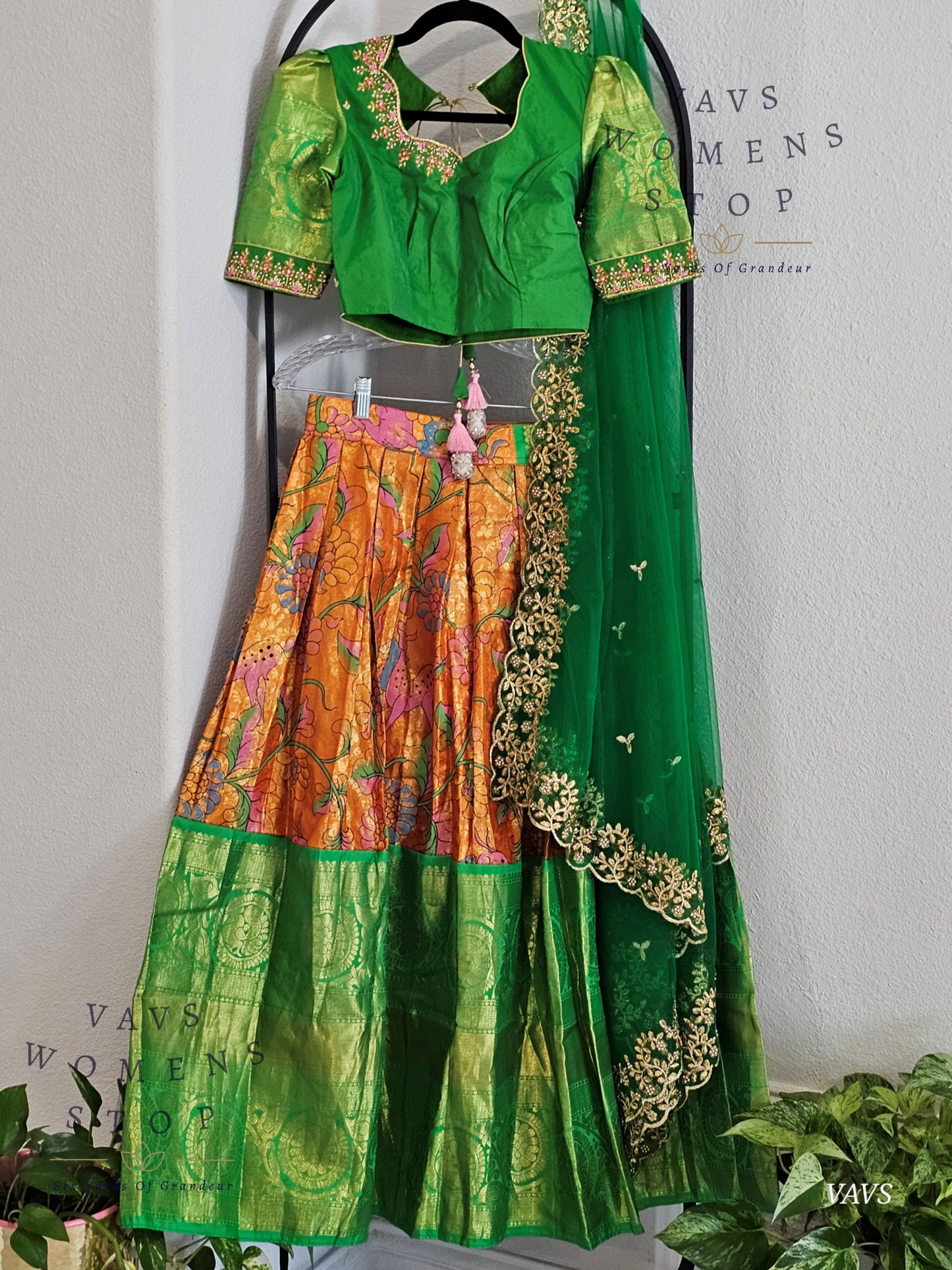 Orange Pure Kanchi Silk Kalamkari Print Traditional Half Saree Set with Green Border & Dupatta