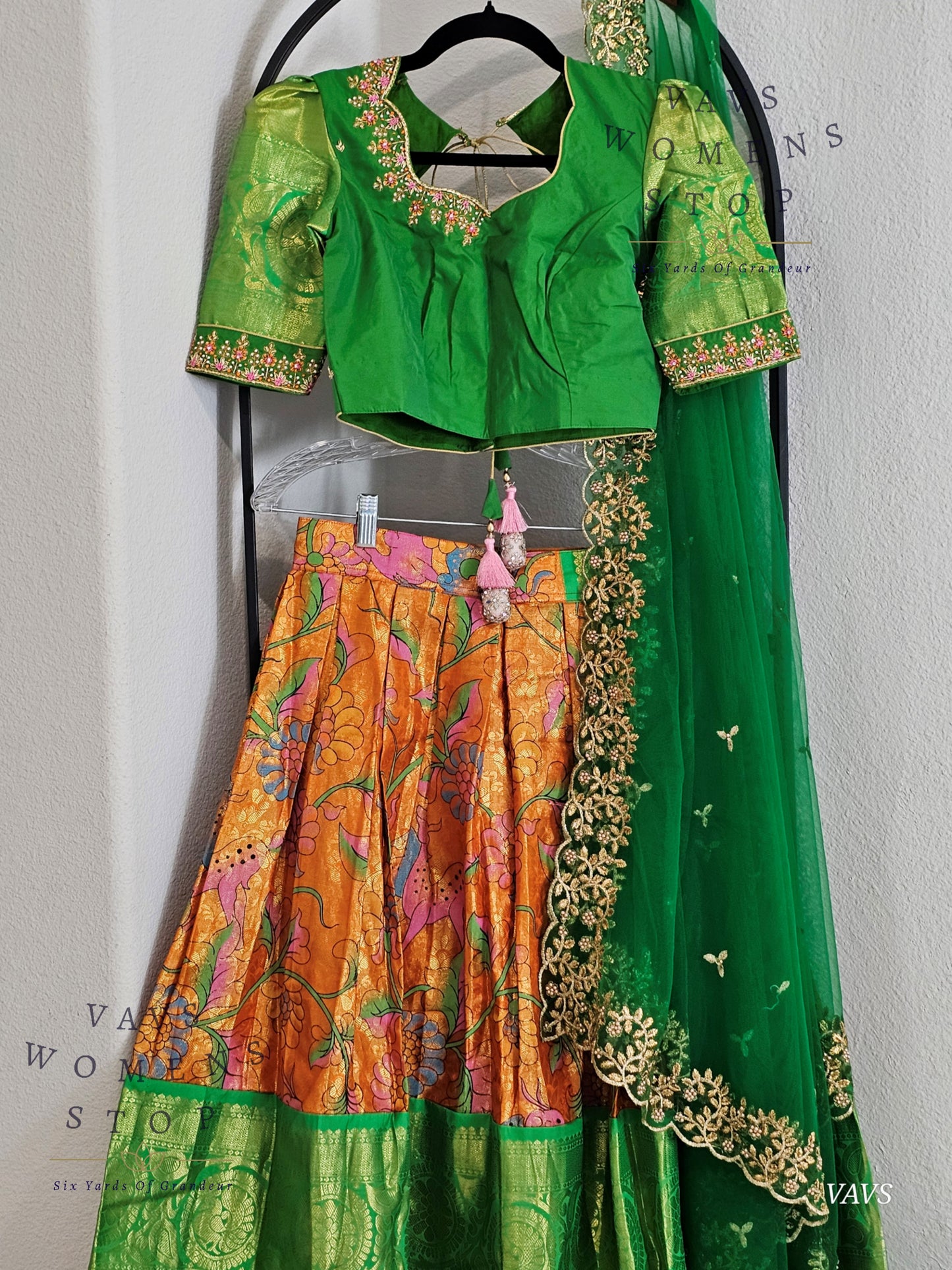 Orange Pure Kanchi Silk Kalamkari Print Traditional Half Saree Set with Green Border & Dupatta